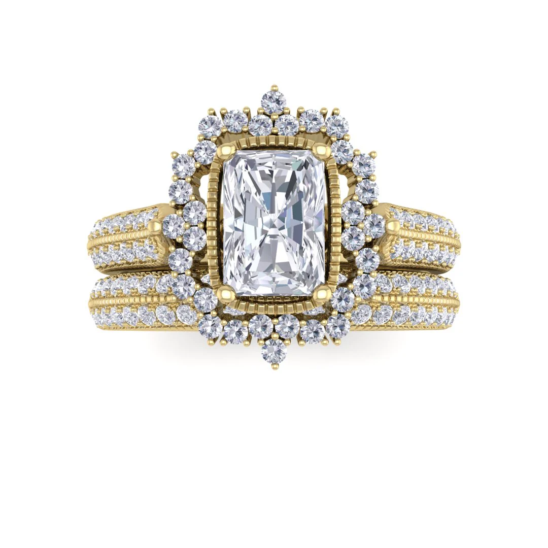 9k Yellow Gold 0.75ct Emerald Cut Lab Diamond Vintage Halo Bridal Set 1.25tdw