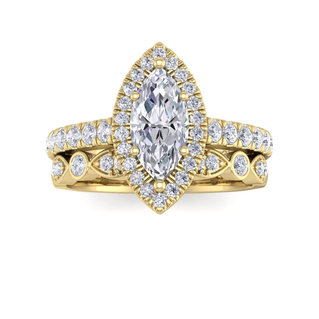9k Yellow Gold 0.75ct Marquise Lab Diamond Halo Bridal Set 1.25tdw