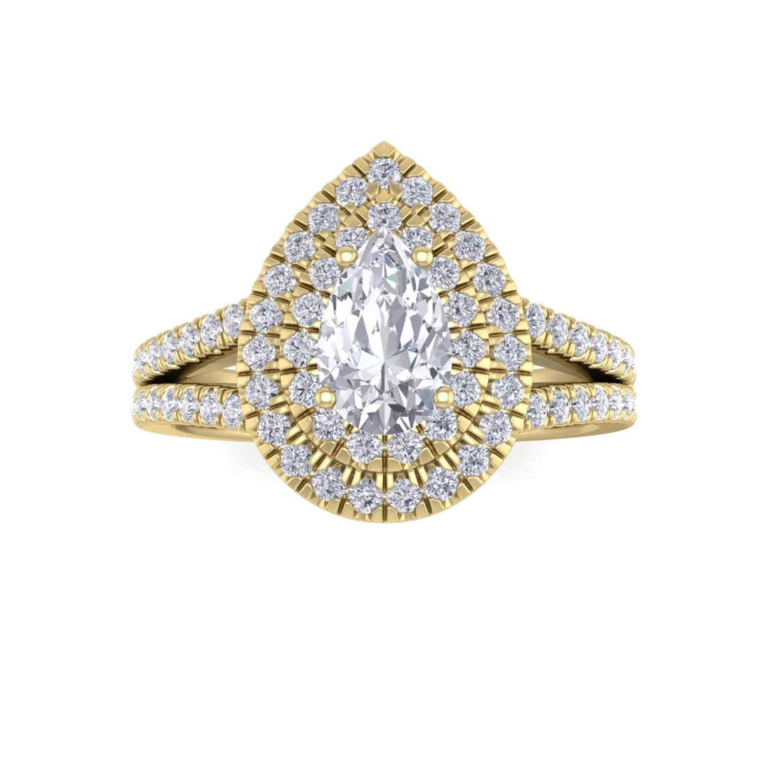 9k Yellow Gold 0.75ct Pear Moissanite Double Halo Engagement Ring 0.5tdw