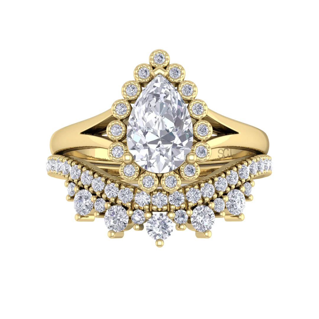 9k Yellow Gold 0.75ct Pear Moissanite Halo Tiara Bridal Set 0.4tdw