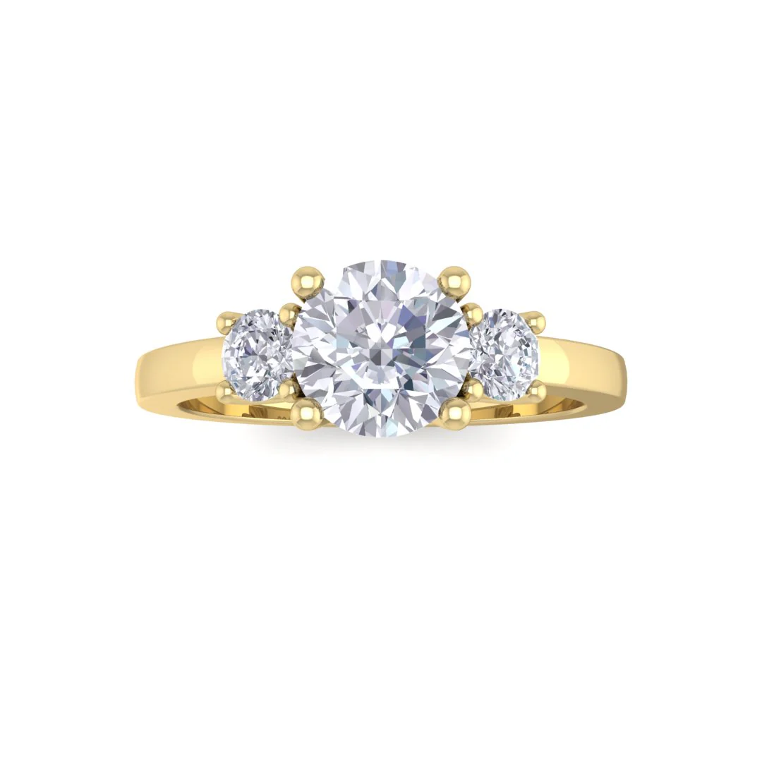 9k Yellow Gold 0.75ct Round Brilliant Moissanite Trilogy Engagement Ring 0.25tdw
