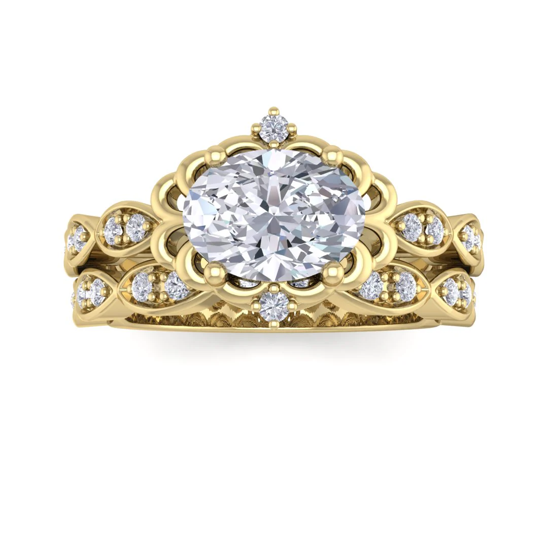 9k Yellow Gold 1.0ct Oval Lab Diamond Filigree Halo Bridal Set 1.2tdw
