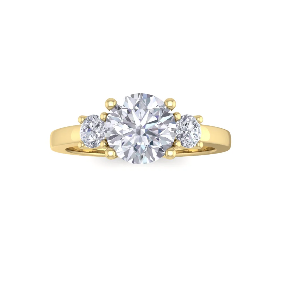 9k Yellow Gold 1.0ct Round Brilliant Moissanite Trilogy Engagement Ring 0.25tdw