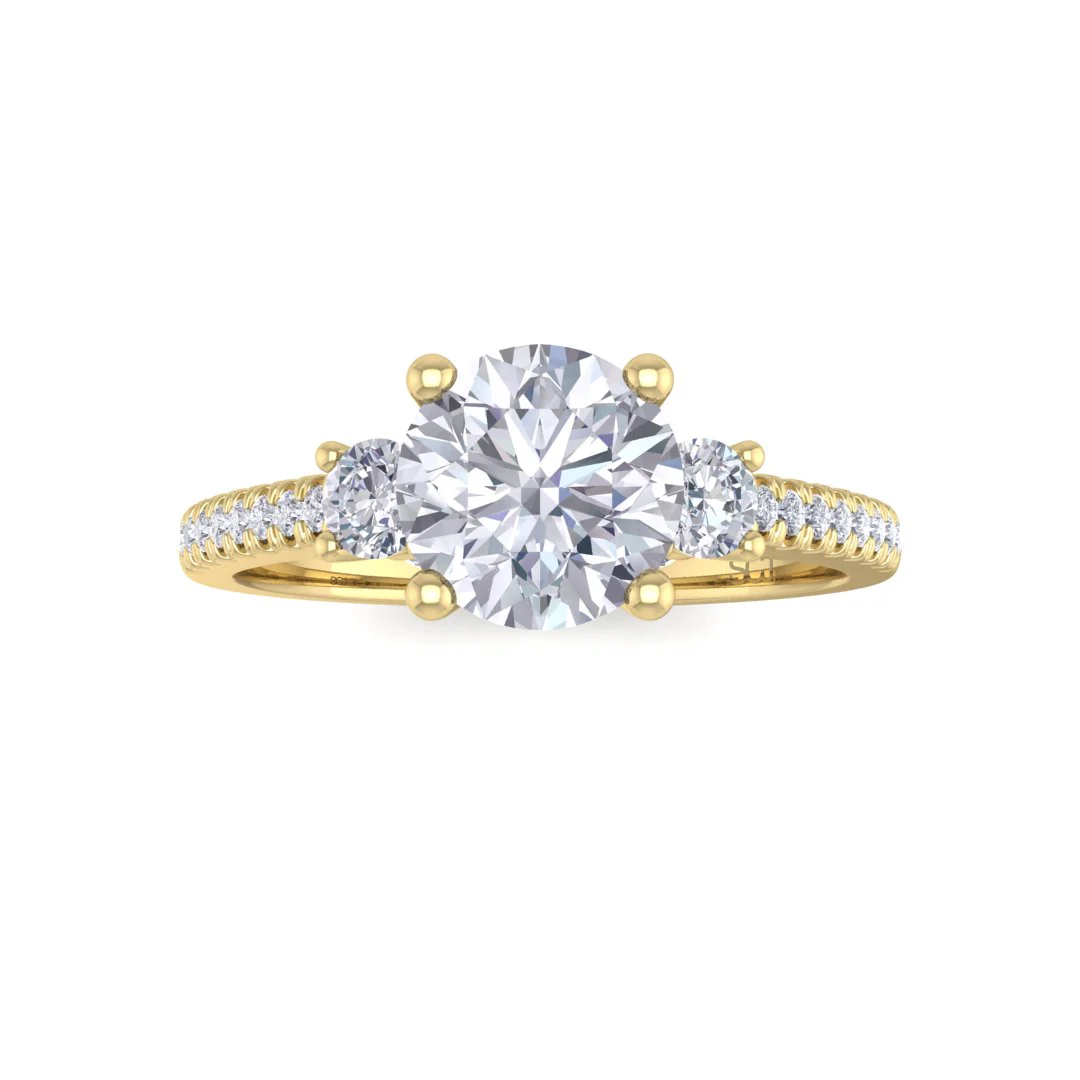 9k Yellow Gold 1.0ct Round Brilliant Moissanite Trilogy Shoulders Engagement Ring 0.3tdw
