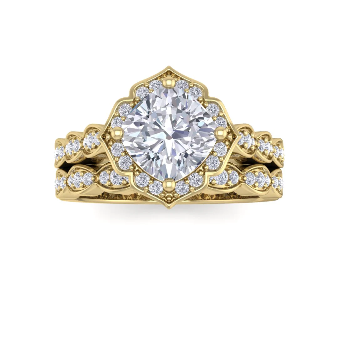 9k Yellow Gold 1.5ct Cushion Cut Lab Diamond Halo Vintage Inspired Bridal Set 1.8tdw