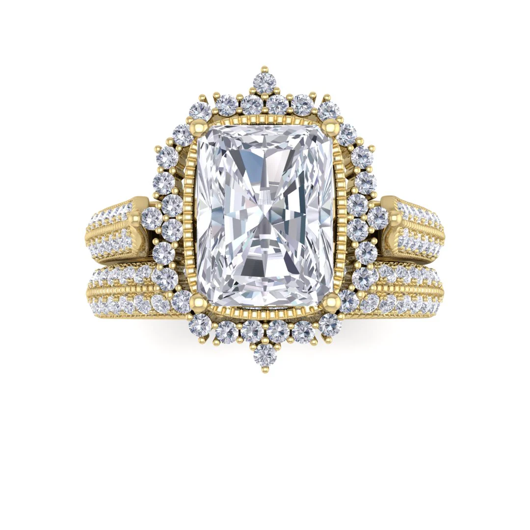 9k Yellow Gold 1.5ct Emerald Cut Moissanite Vintage Halo Bridal Set 0.5tdw