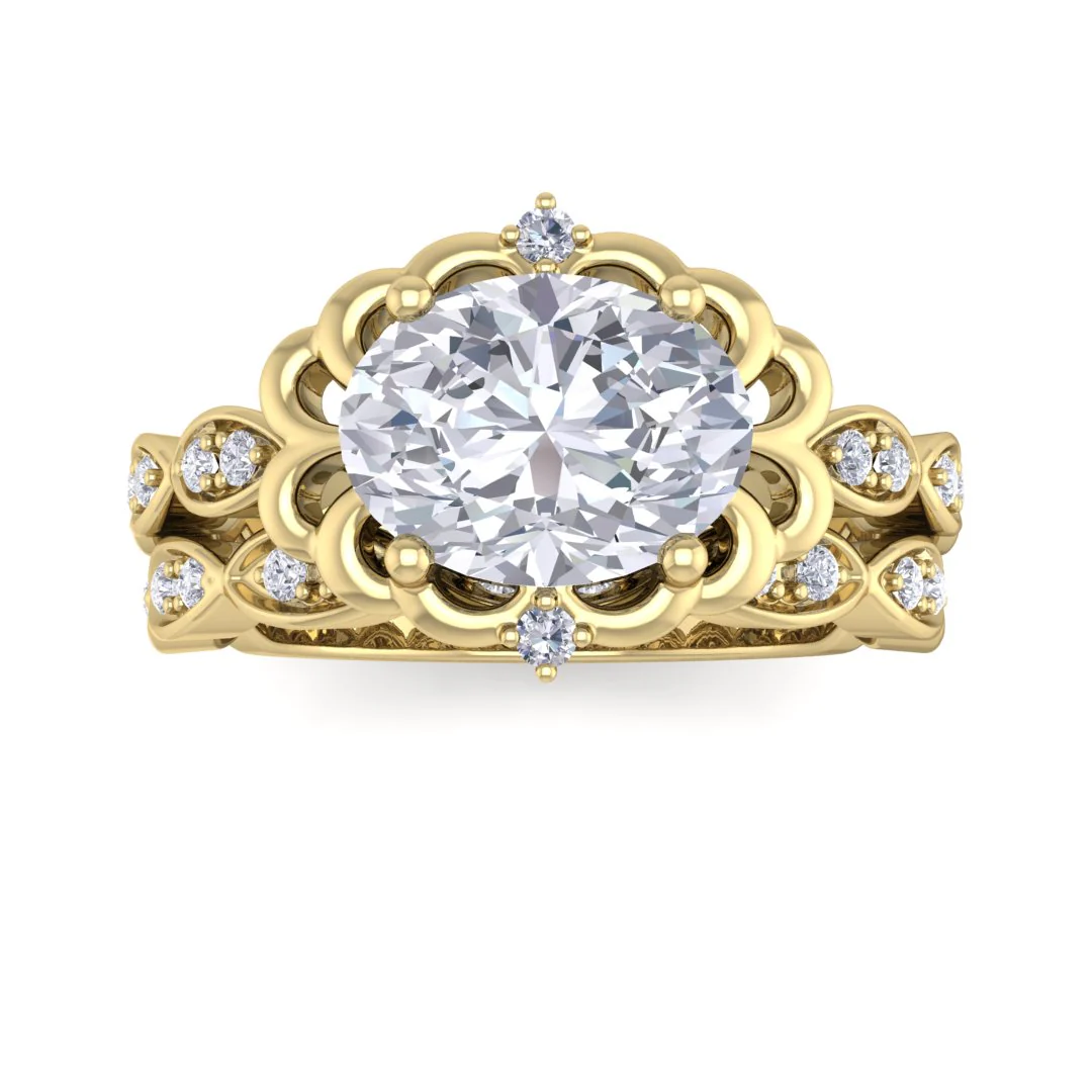 9k Yellow Gold 1.5ct Oval Moissanite Filigree Halo Bridal Set 0.2tdw