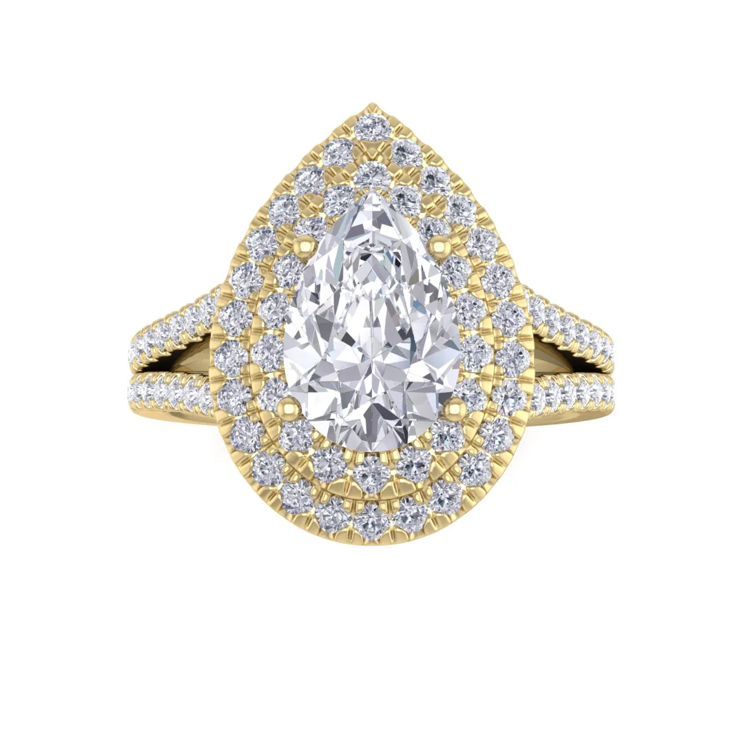 9k Yellow Gold 1.5ct Pear Moissanite Double Halo Engagement Ring 0.5tdw