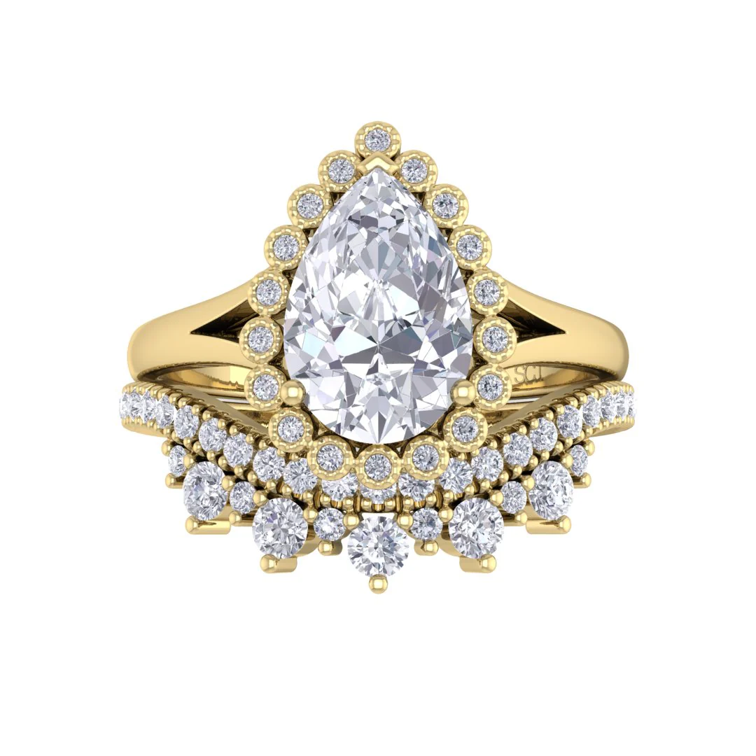 9k Yellow Gold 1.5ct Pear Moissanite Halo Tiara Bridal Set 0.4tdw