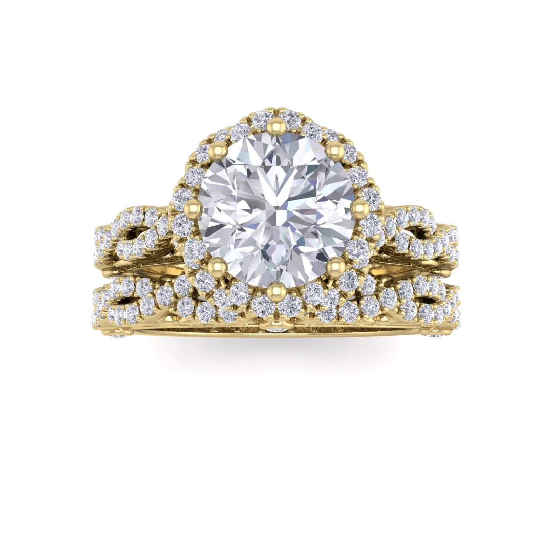 9k Yellow Gold 1.5ct Round Brilliant Lab Diamond Flower Halo Bridal Set 2.0tdw