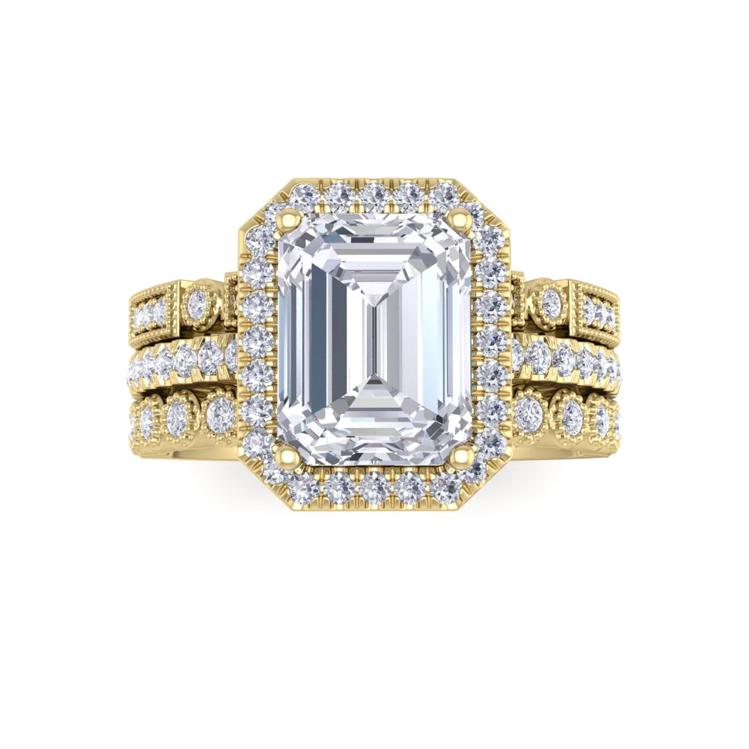 9k Yellow Gold 2.0ct Emerald Cut Lab Diamond Halo Bridal Set 2.5tdw