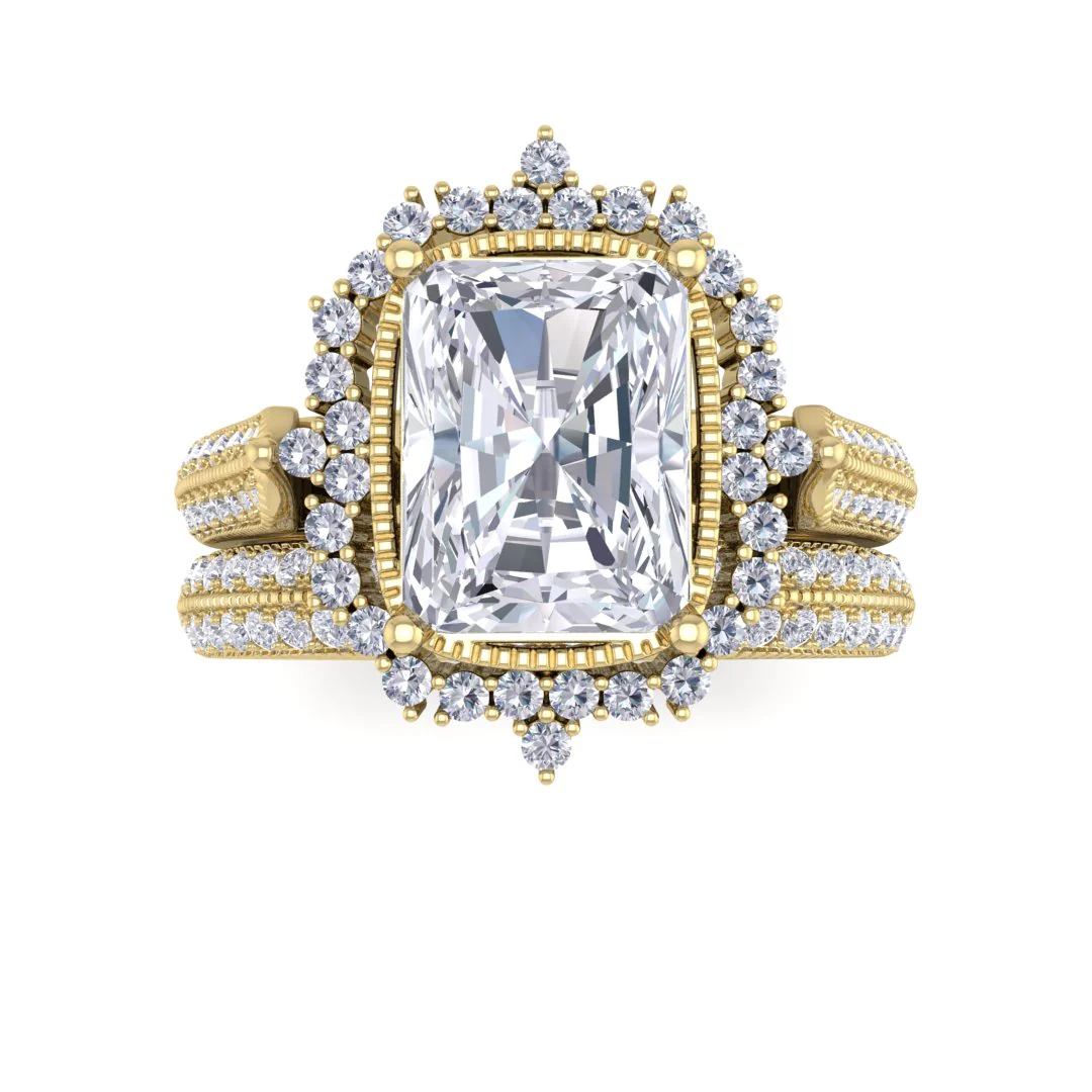 9k Yellow Gold 2.0ct Emerald Cut Lab Diamond Vintage Halo Bridal Set 2.5tdw