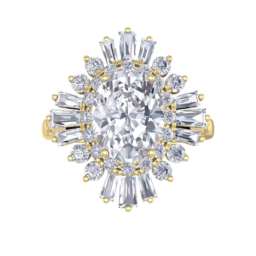 9k Yellow Gold 2.0ct Oval Lab Diamond Baguette Starburst Engagement Ring 2.5tdw