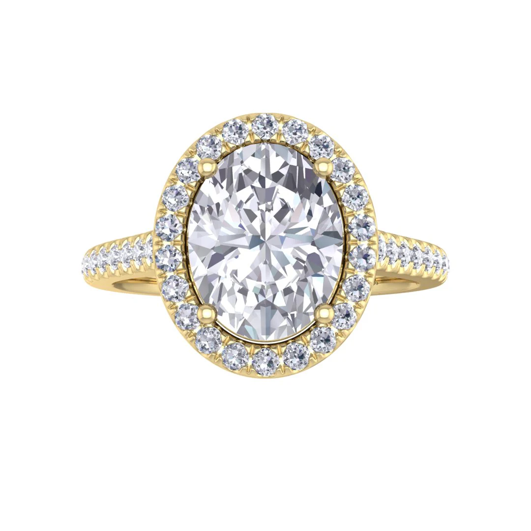 9k Yellow Gold 2.0ct Oval Moissanite Halo Engagement Ring 0.29tdw