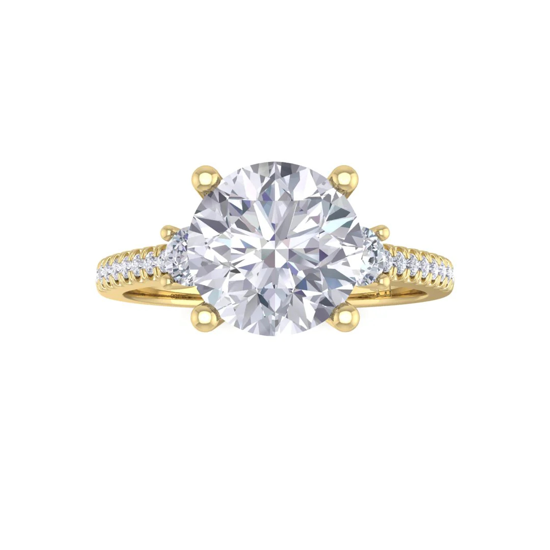 9k Yellow Gold 2.0ct Round Brilliant Lab Diamond Trilogy Shoulders Engagement Ring 2.3tdw