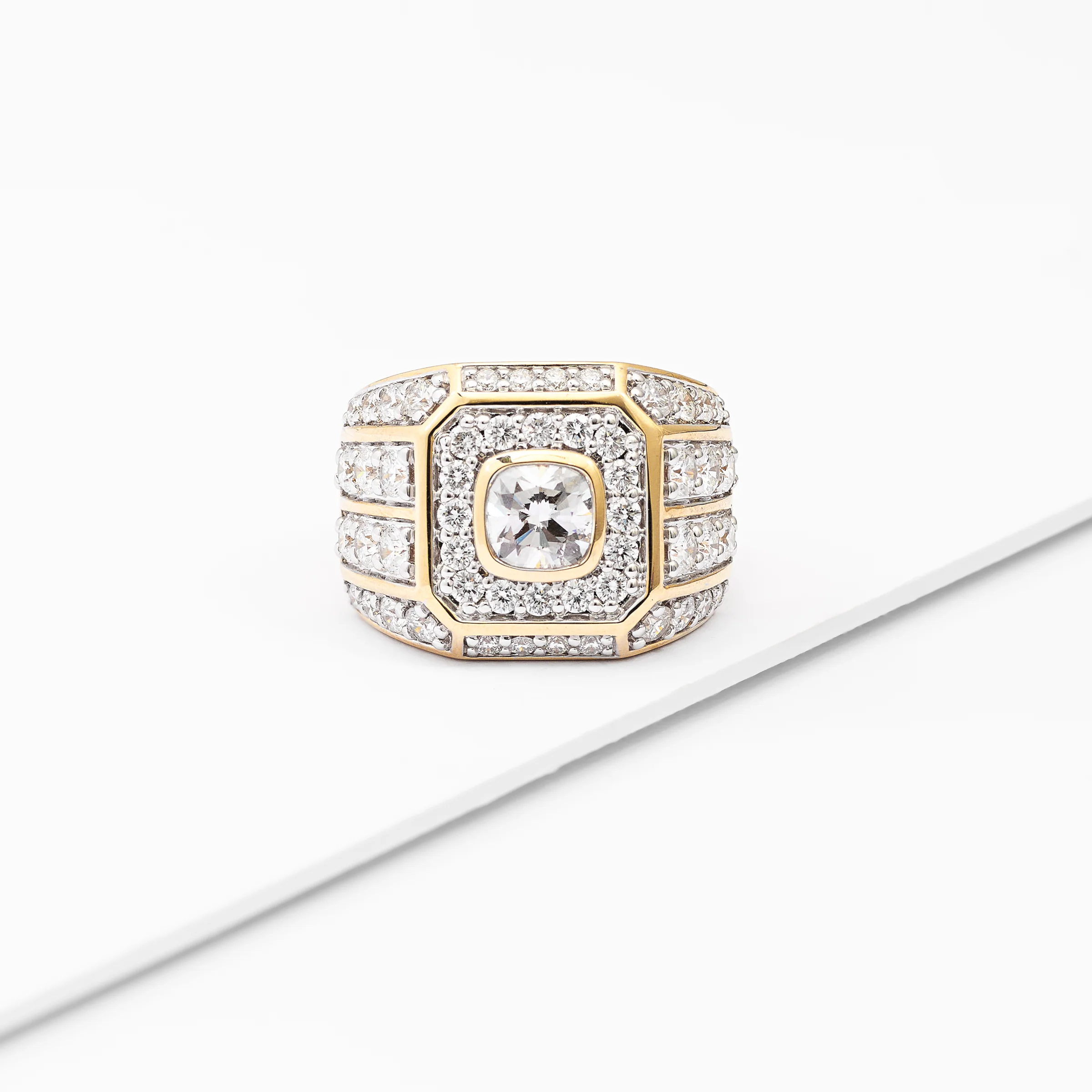 9K Yellow Gold Bezel 1.5ct Cushion Lab Diamond Halo And Shoulders Flat Top Dress Ring 4.2tdw