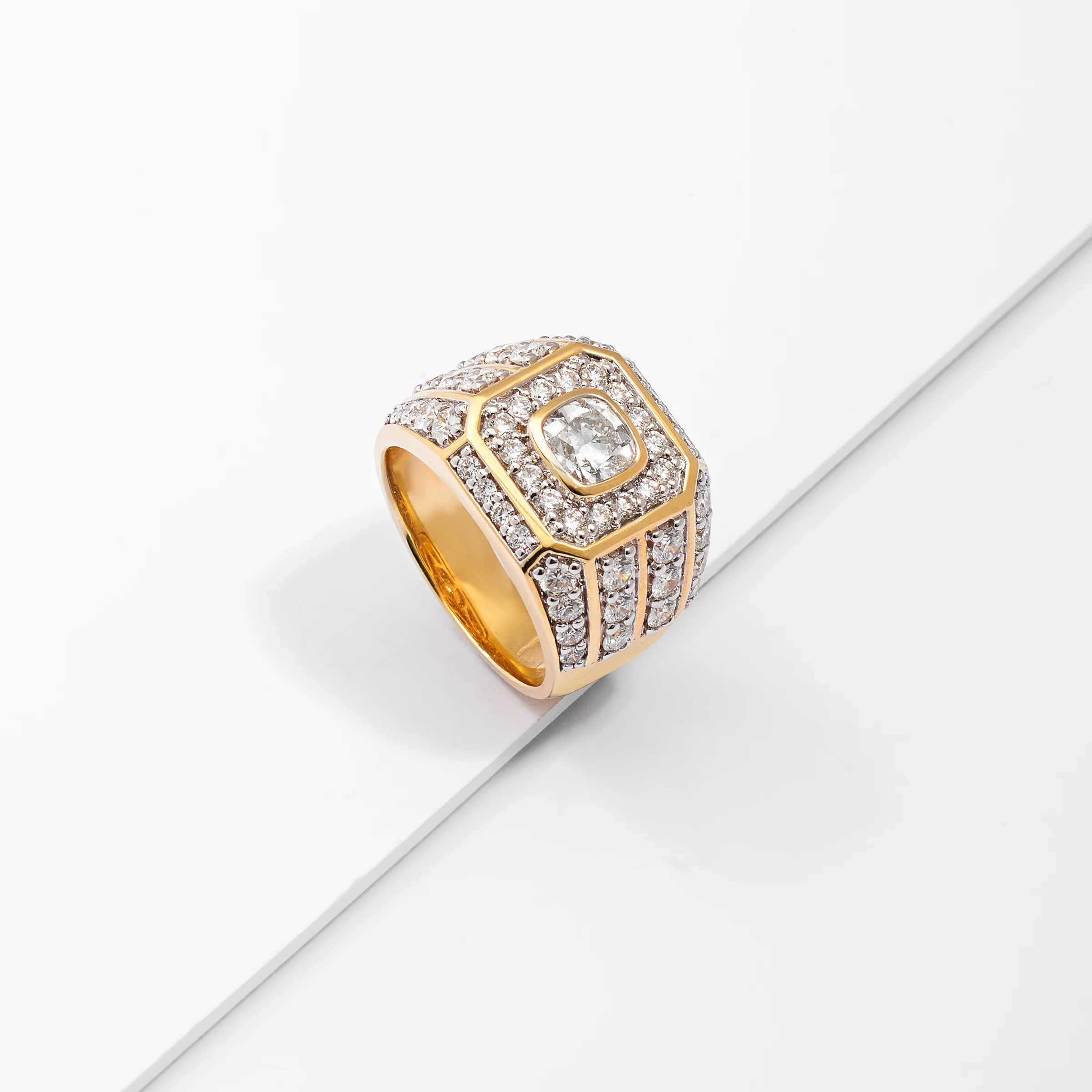 9K Yellow Gold Bezel 1.5ct Cushion Lab Diamond Halo And Shoulders Flat Top Dress Ring 4.2tdw - Image 2