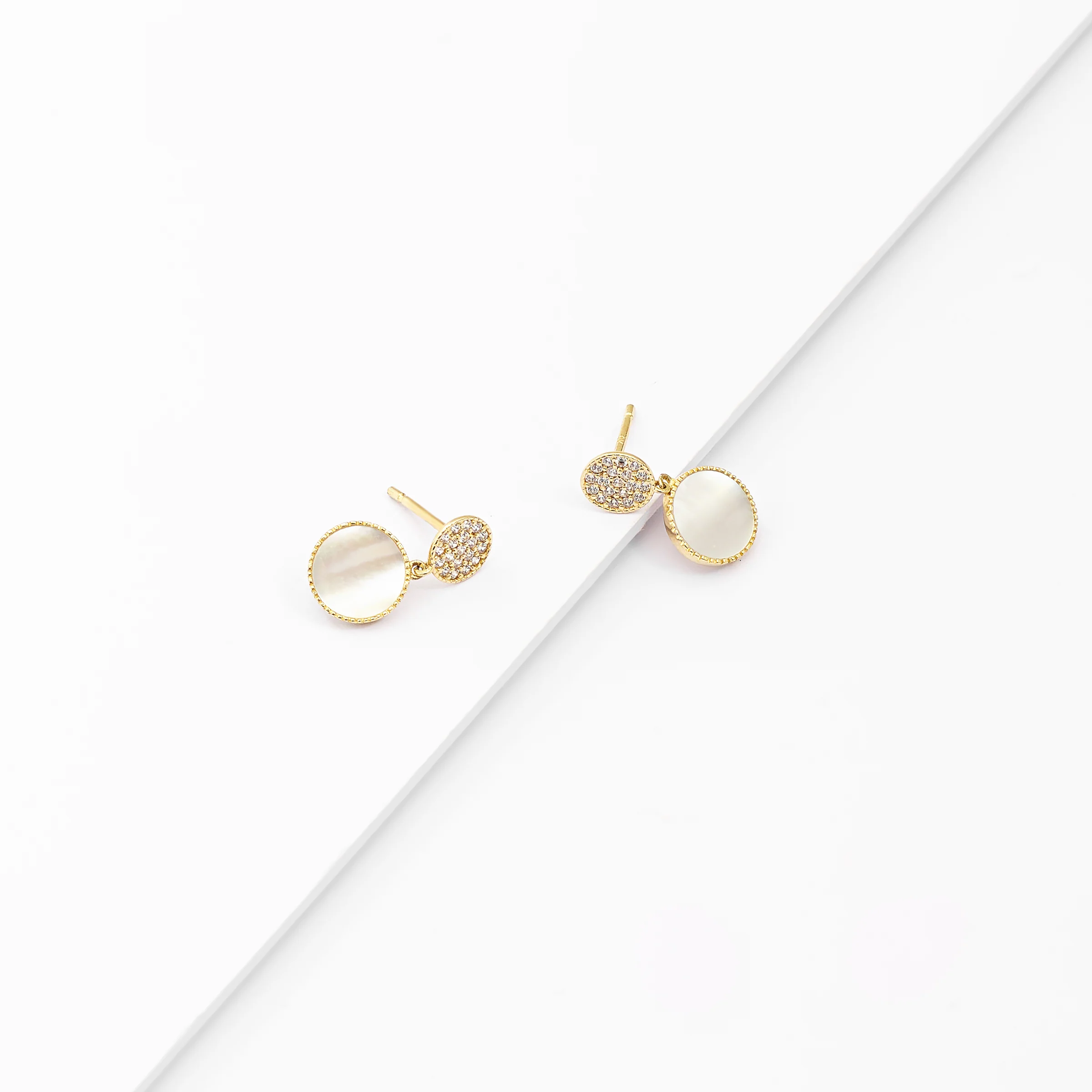 9K Yellow Gold Mother Of Pearl And Zirconia Cluster Double Disc Drop Stud Earrings - Image 2