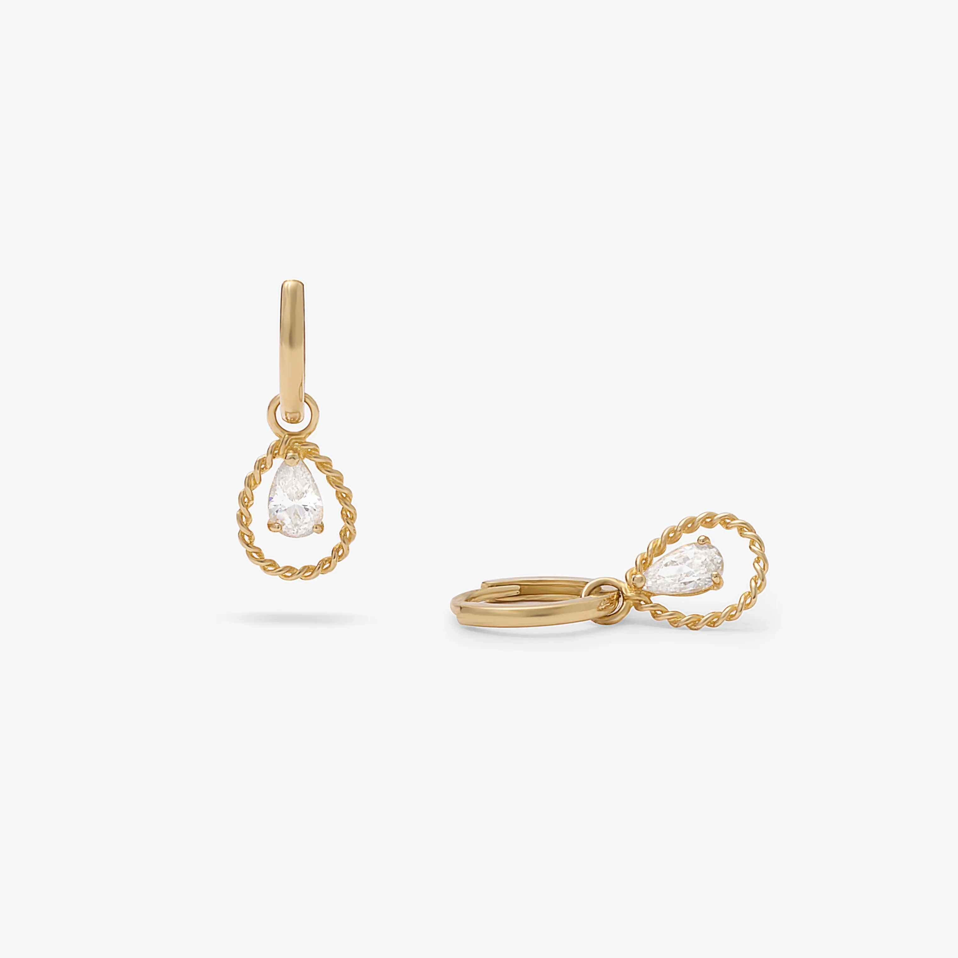 9K Yellow Gold Rope Open Teardrop And Pear Zirconia Charm Huggie Earrings - Image 2