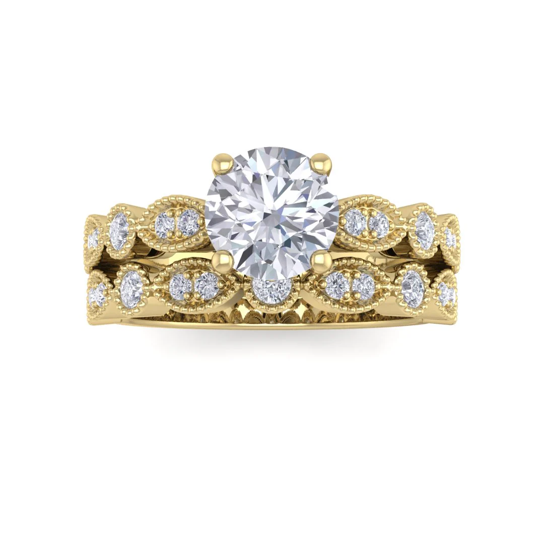 9K Yellow Gold Round Brilliant Lab Diamond Milgrain Bridal Set 1.0tdw