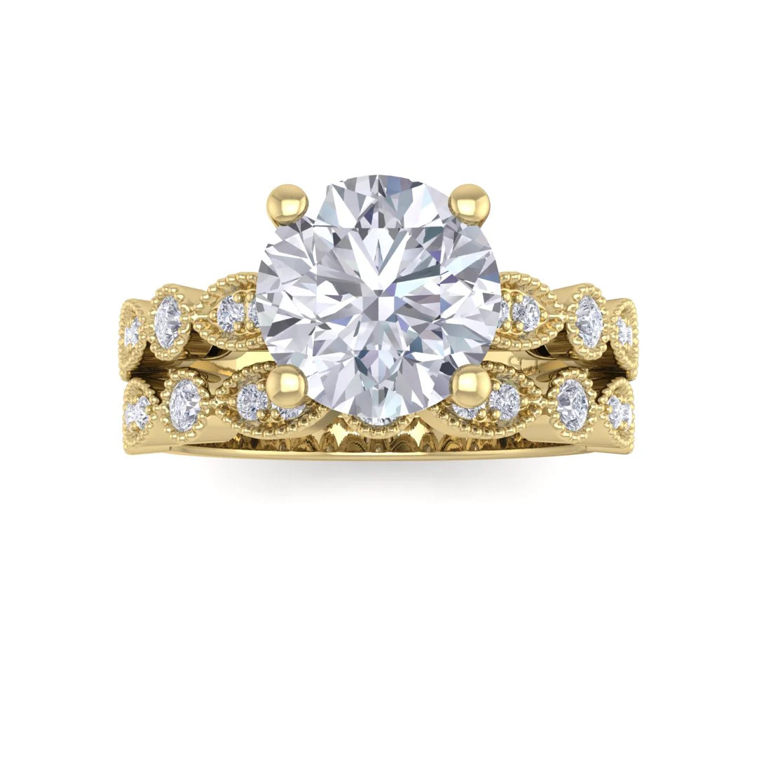 9K Yellow Gold Round Brilliant Lab Diamond Milgrain Bridal Set 2.25tdw