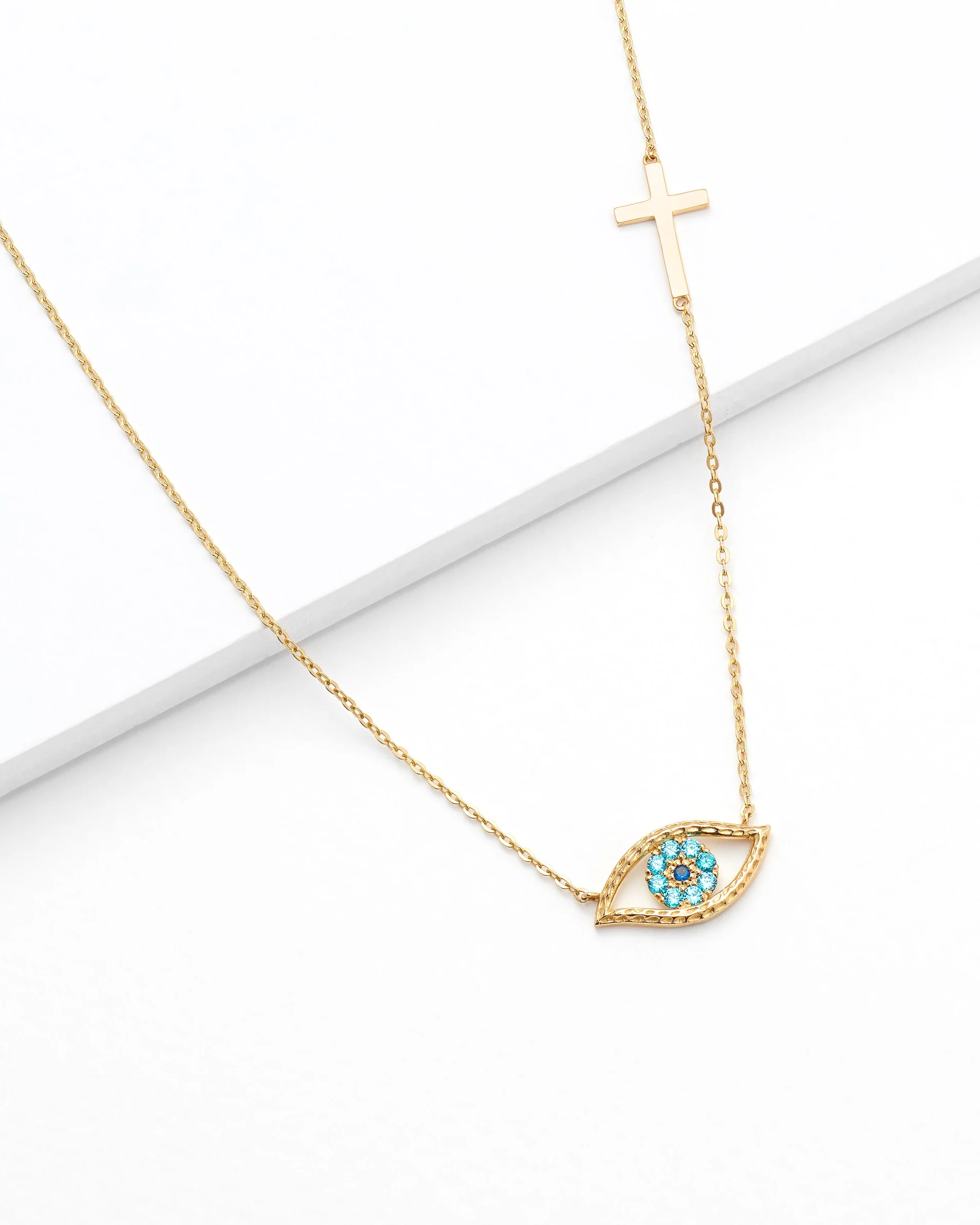 9K Yellow Gold Zirconia Evil Eye And Cross Necklace