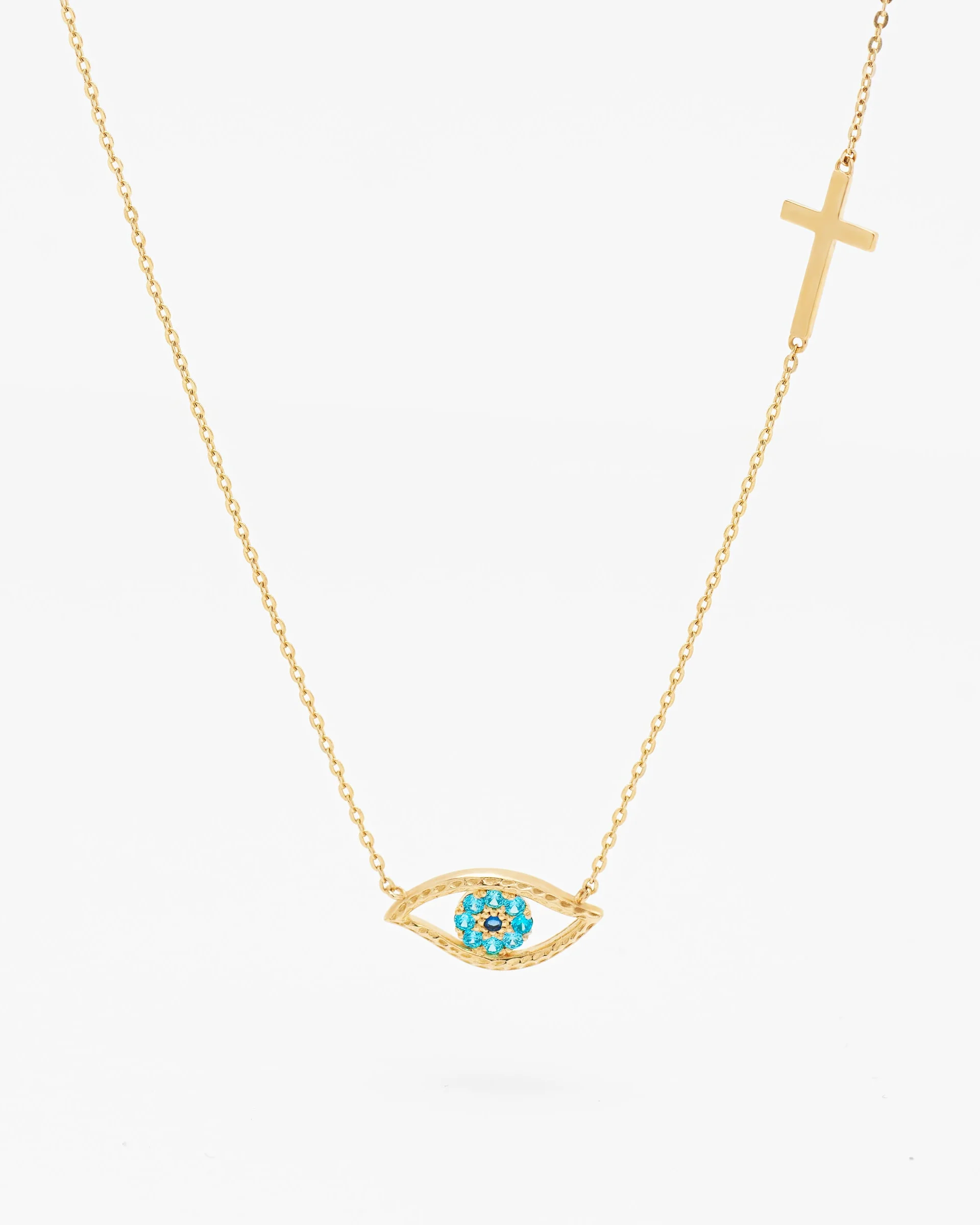 9K Yellow Gold Zirconia Evil Eye And Cross Necklace - Image 2