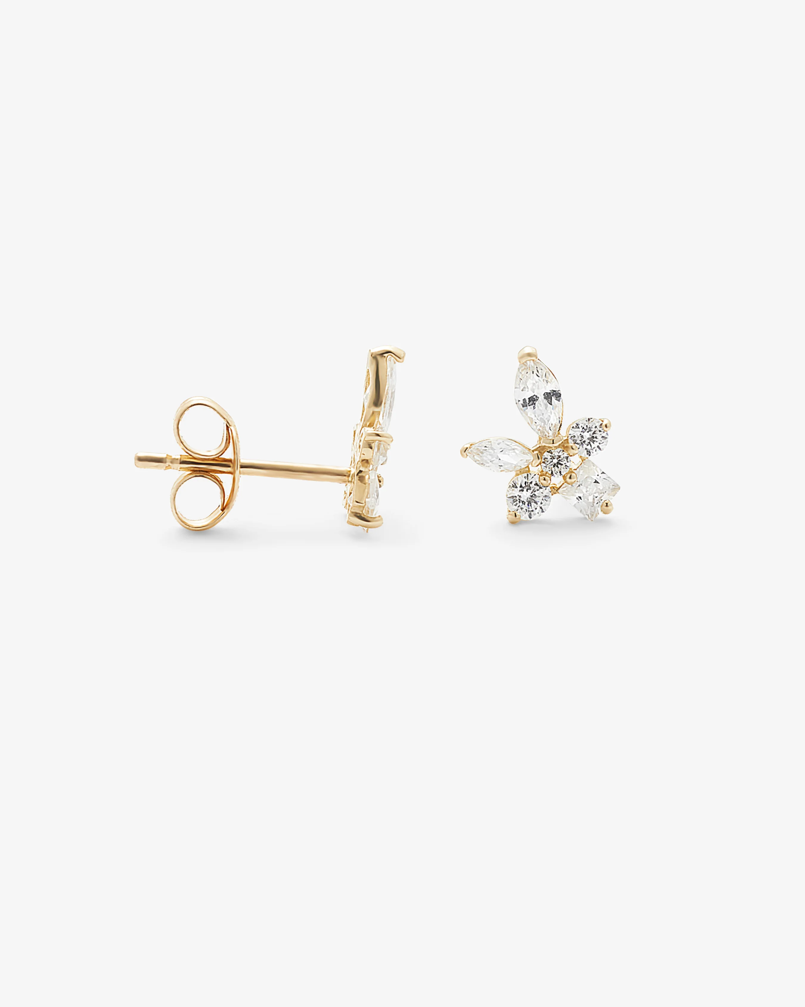 9k Yellow Gold Marquise Round and Princess Zirconia Cluster Stud Earrings - Image 3