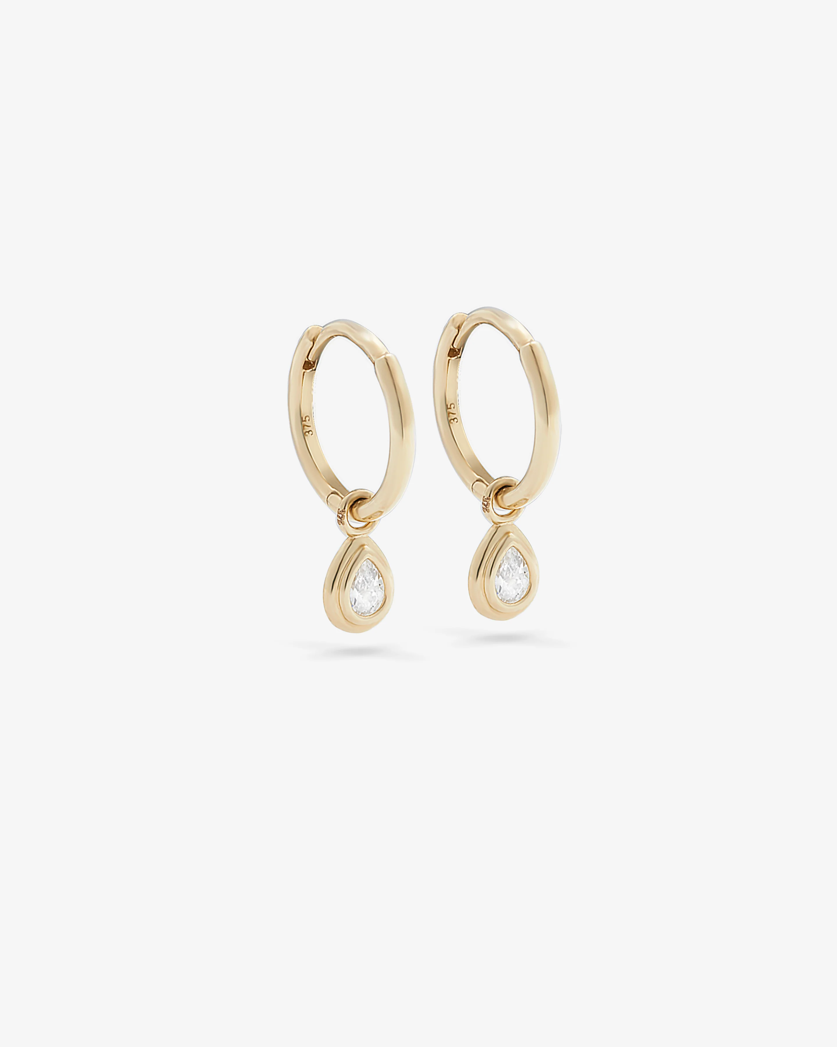 9K Yellow Gold Pear Zirconia Bezel Set Drop Huggie Earrings