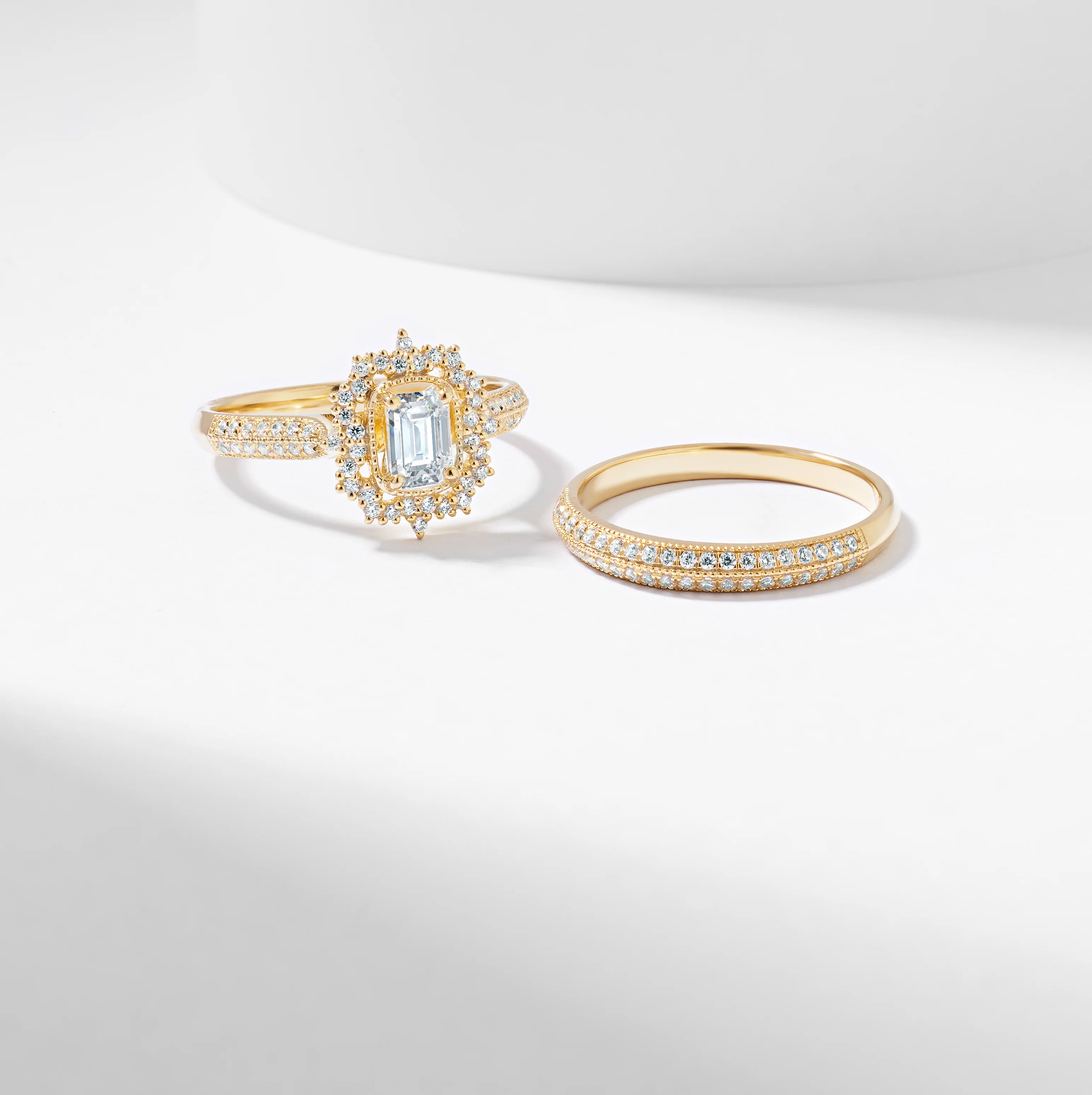 Emerald Cut Lab Grown Diamond Vintage Halo Bridal Set 1.0tdw - Image 6