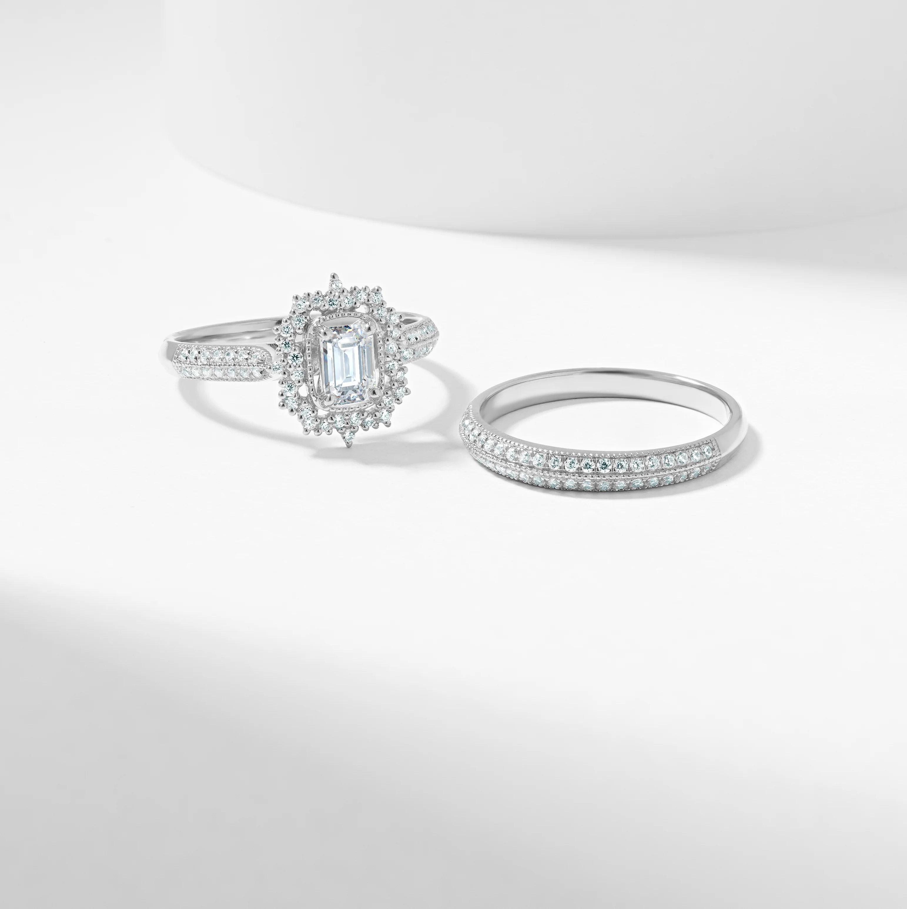Emerald Cut Lab Grown Diamond Vintage Halo Bridal Set 1.0tdw - Image 7