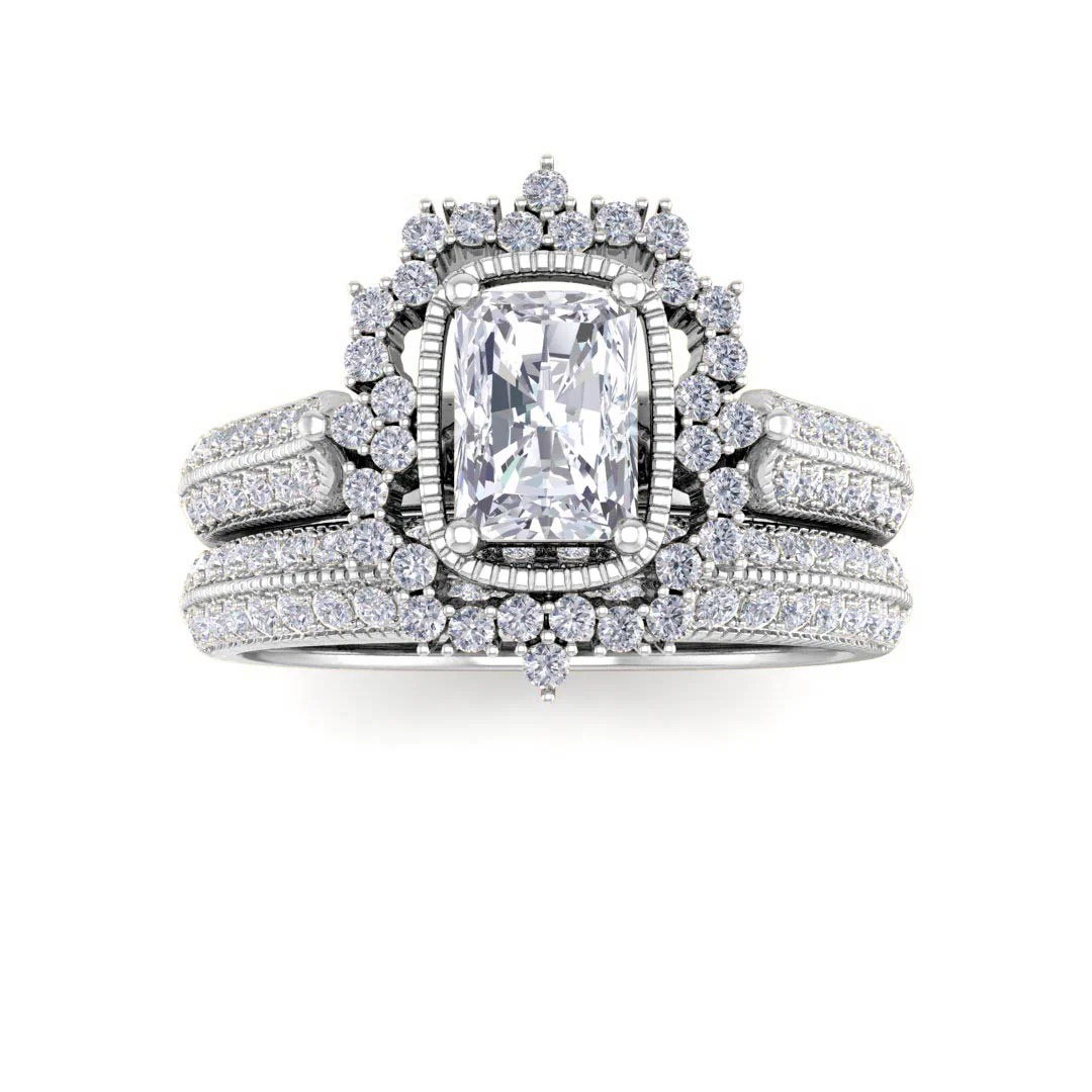 Platinum 0.33ct Emerald Cut Diamond Vintage Halo Bridal Set 0.83tdw