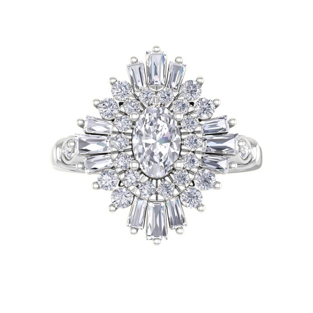Platinum 0.33ct Oval Lab Diamond Baguette Starburst Engagement Ring 0.83tdw