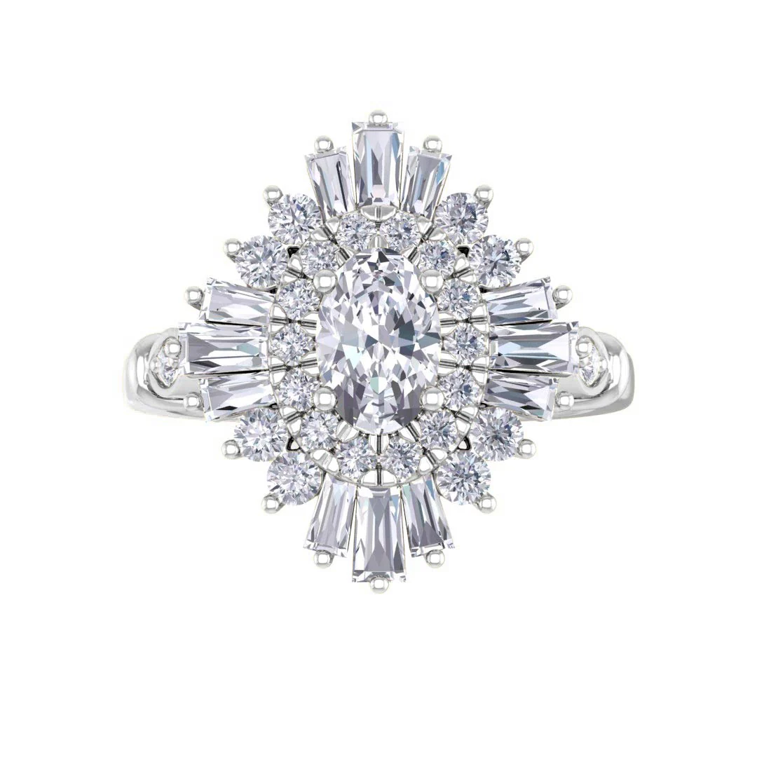 Platinum 0.5ct Oval Moissanite Baguette Starburst Engagement Ring 0.5tdw