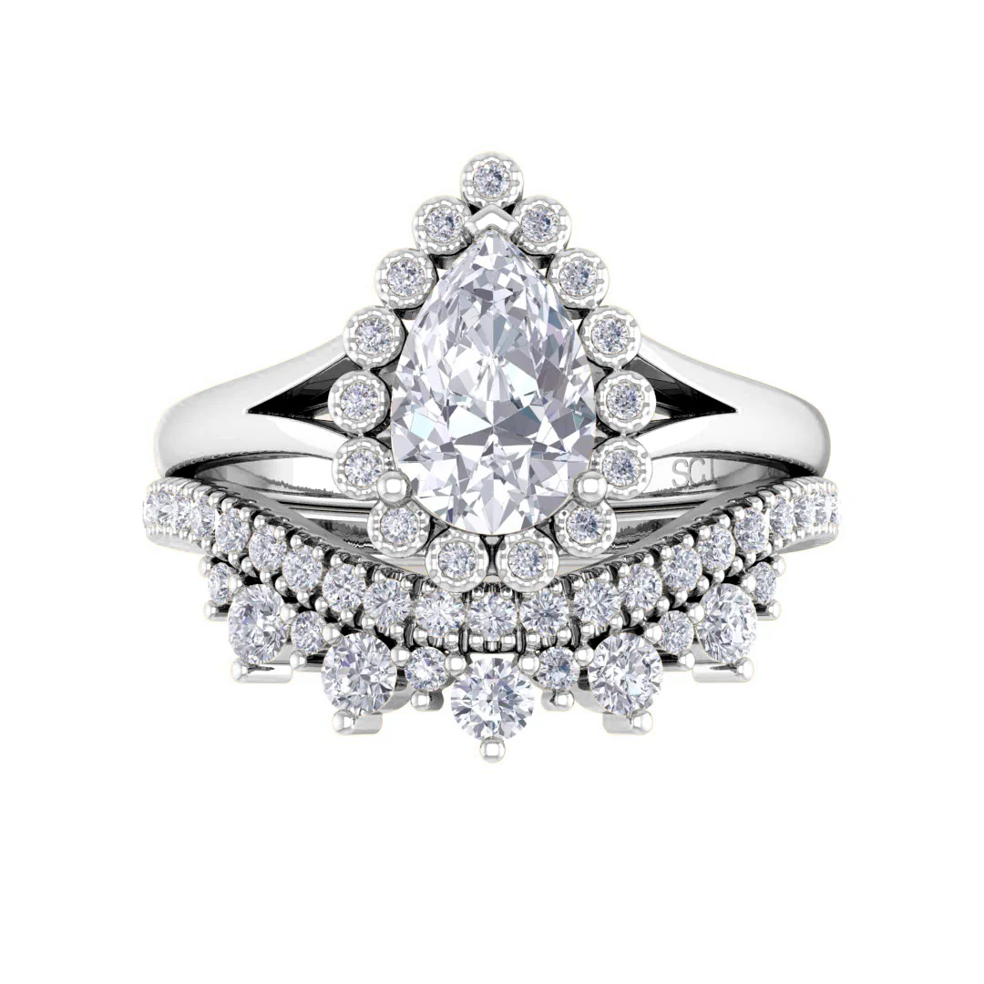 Platinum 0.75ct Pear Lab Diamond Halo Tiara Bridal Set 1.15tdw
