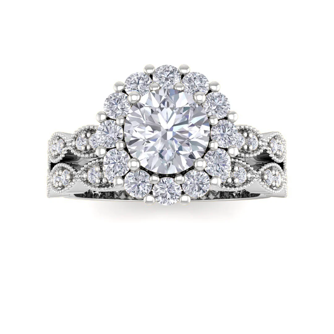 Platinum 0.75ct Round Brilliant Diamond Halo Bridal Set 1.3tdw