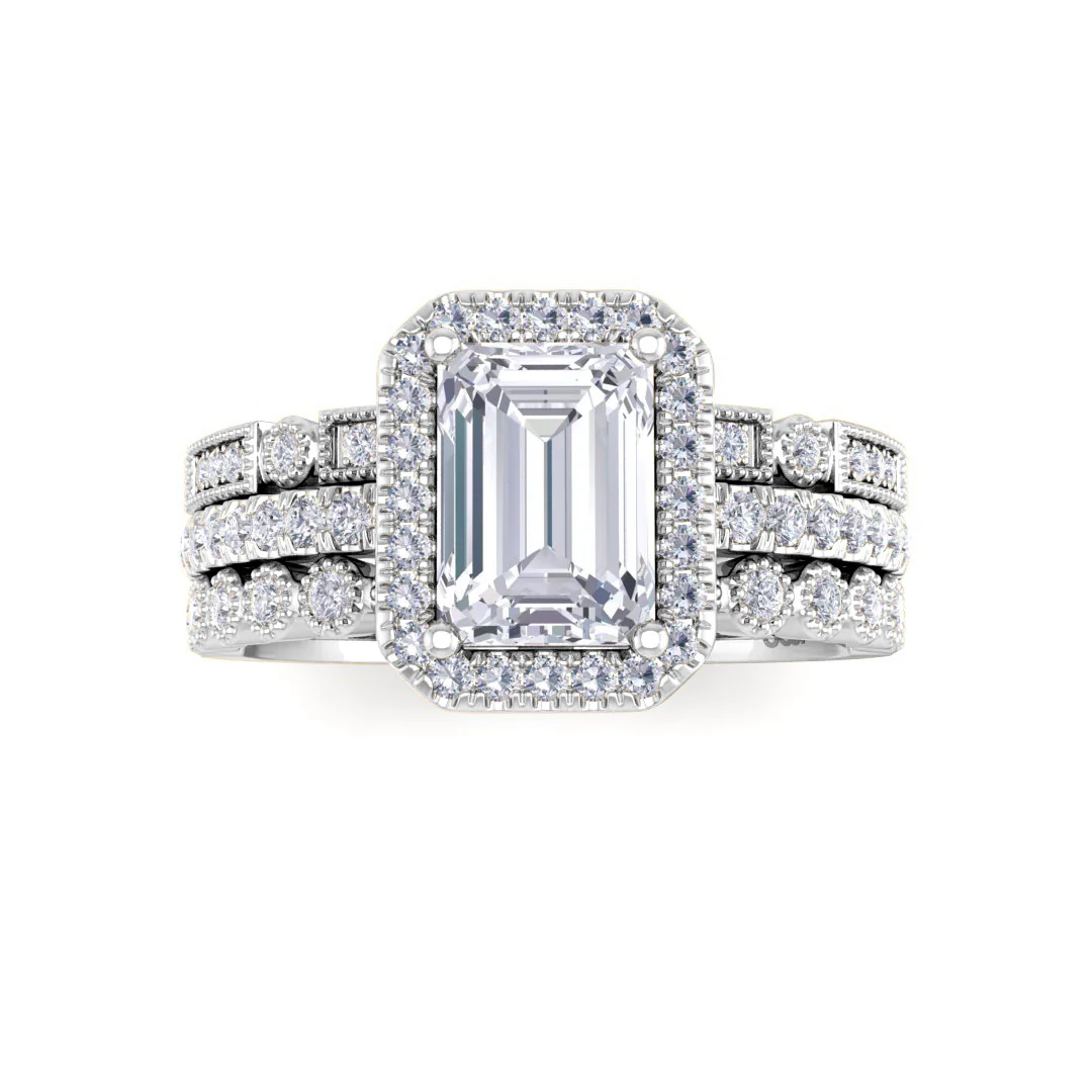 Platinum 1.0ct Emerald Cut Moissanite Halo Bridal Set 0.5tdw