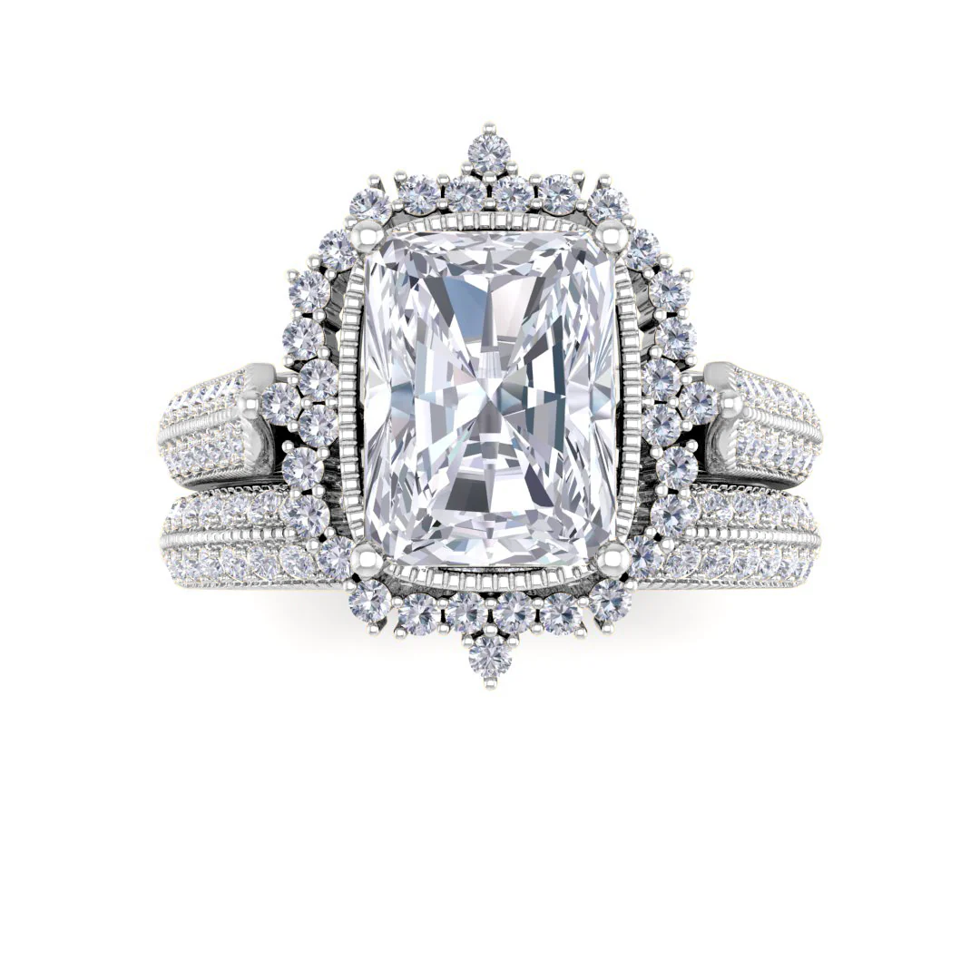 Platinum 1.5ct Emerald Cut Diamond Vintage Halo Bridal Set 2.0tdw