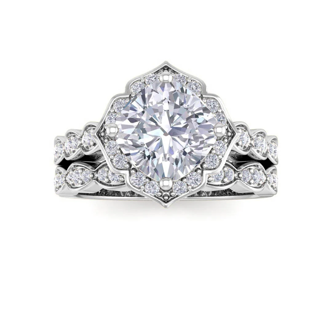 Platinum 2.0ct Cushion Cut Lab Diamond Halo Vintage Inspired Bridal Set 2.3tdw