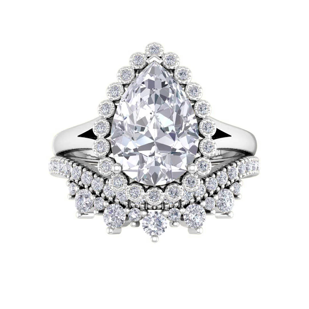Platinum 2.0ct Pear Moissanite Halo Tiara Bridal Set 0.4tdw