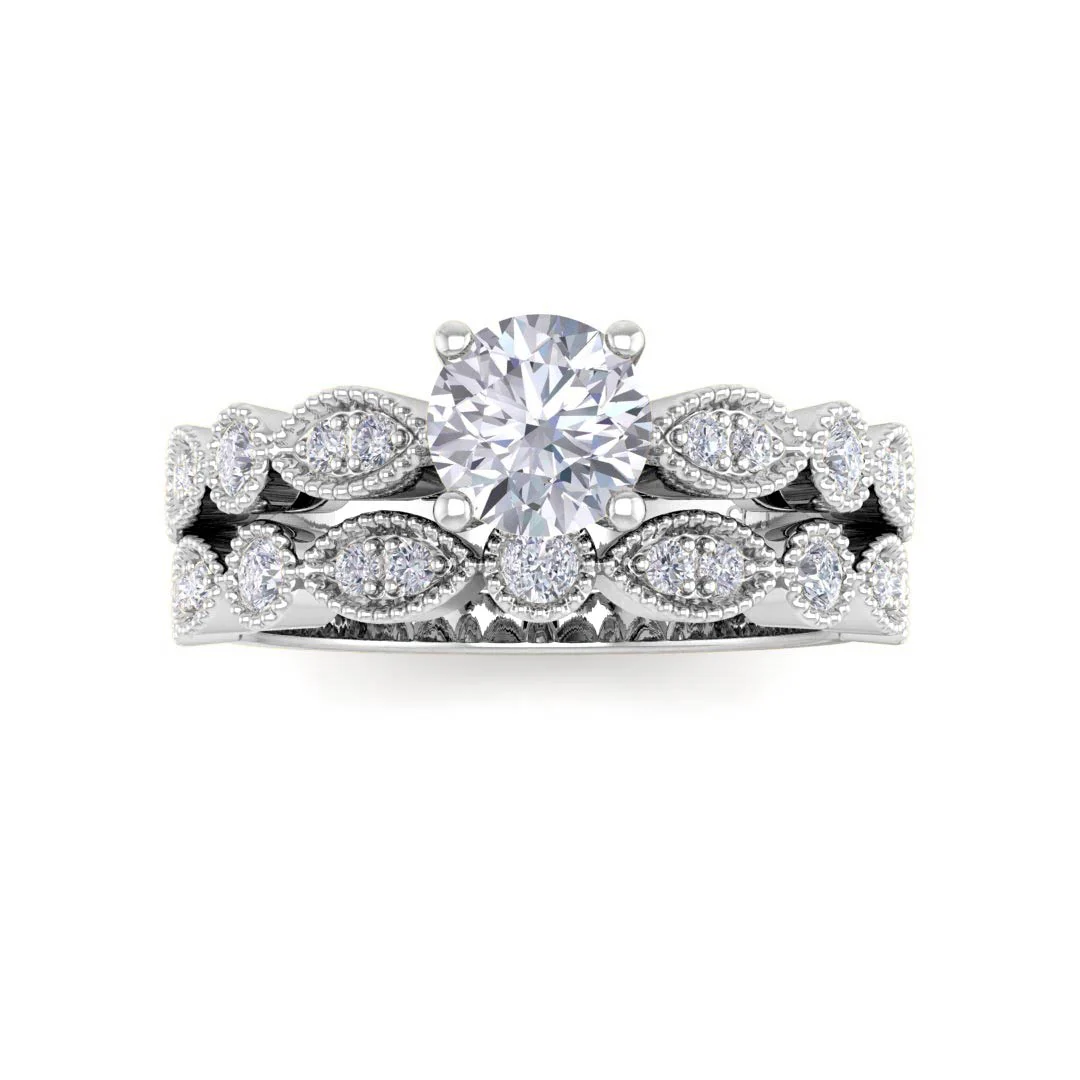 Platinum Round Brilliant Moissanite and Diamond Milgrain Bridal Set 0.25tdw 0.5ct Moissanite