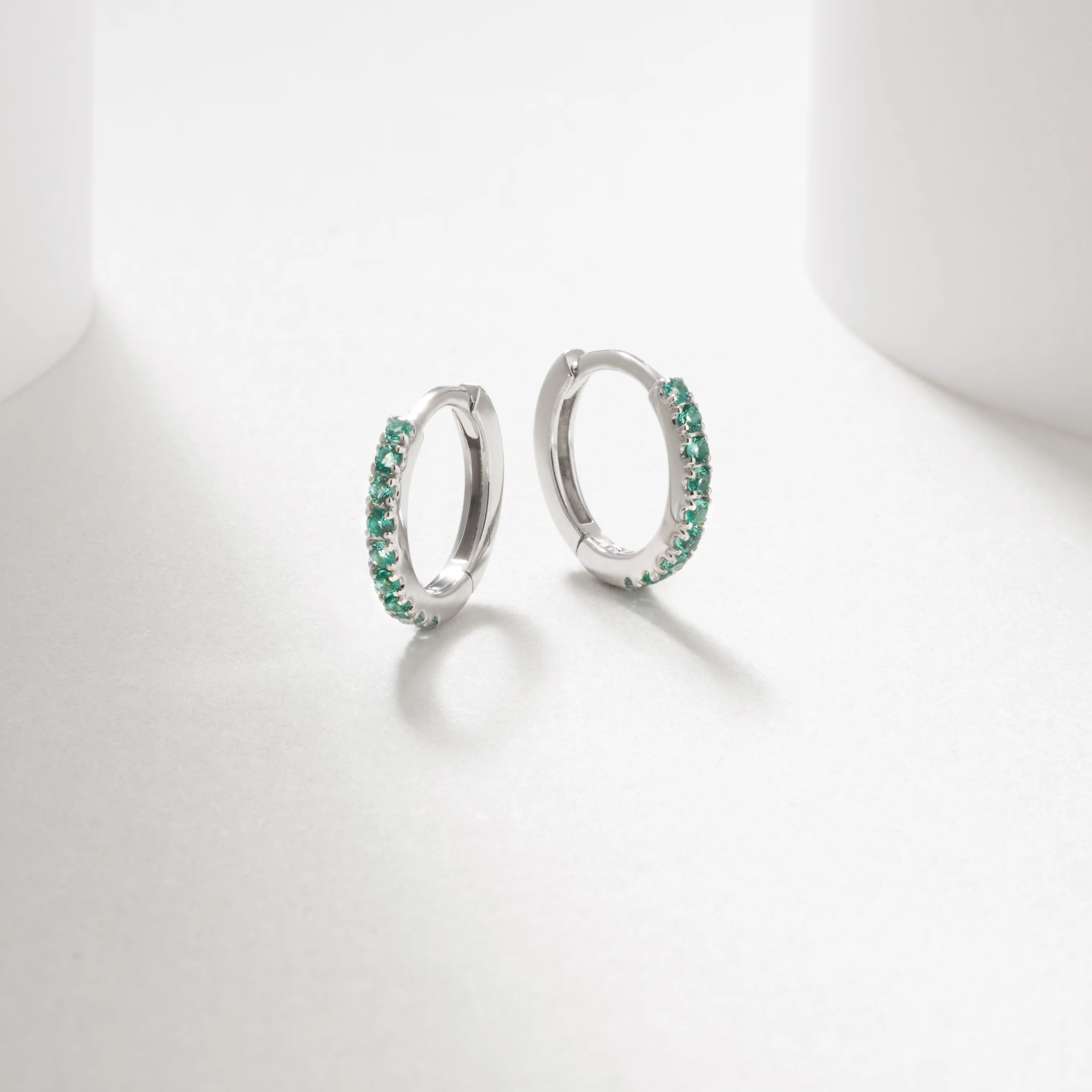 Silver Created Emerald Huggie Earrings