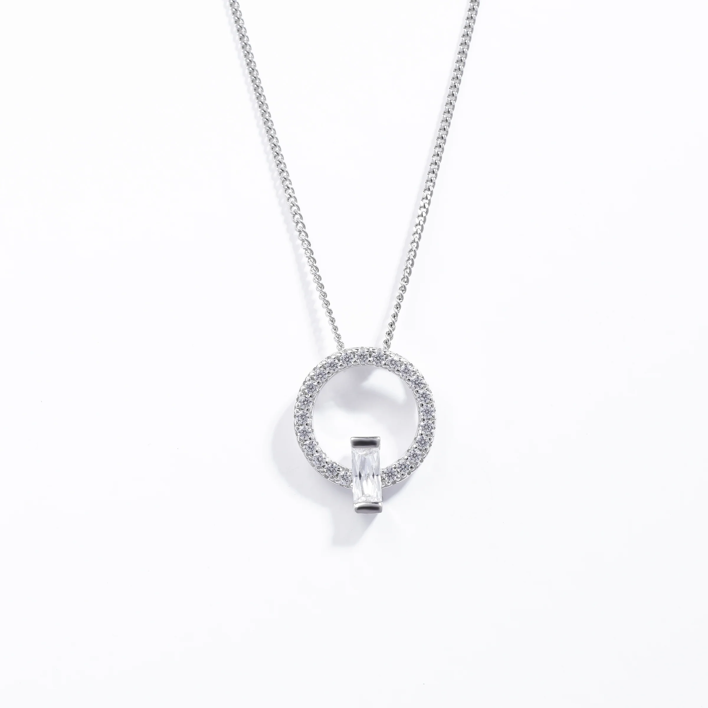 Sterlin Silver Zirconia Open Circle Pendant With Baguette