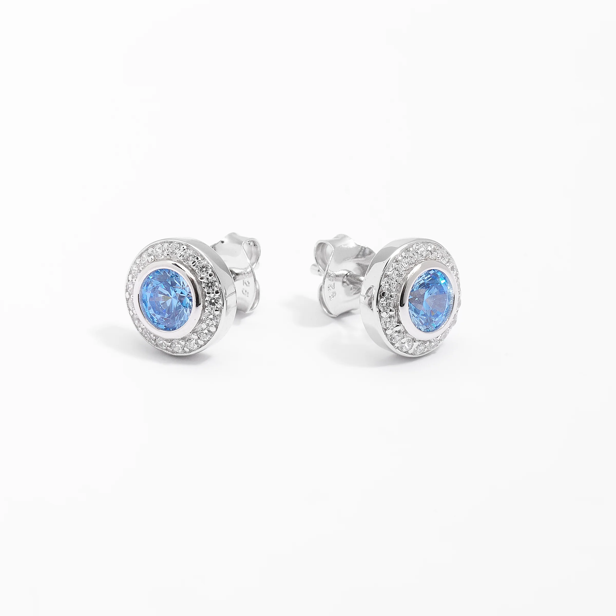 Sterling Silver Bezel Blue Zirconia Halo Stud Earrings