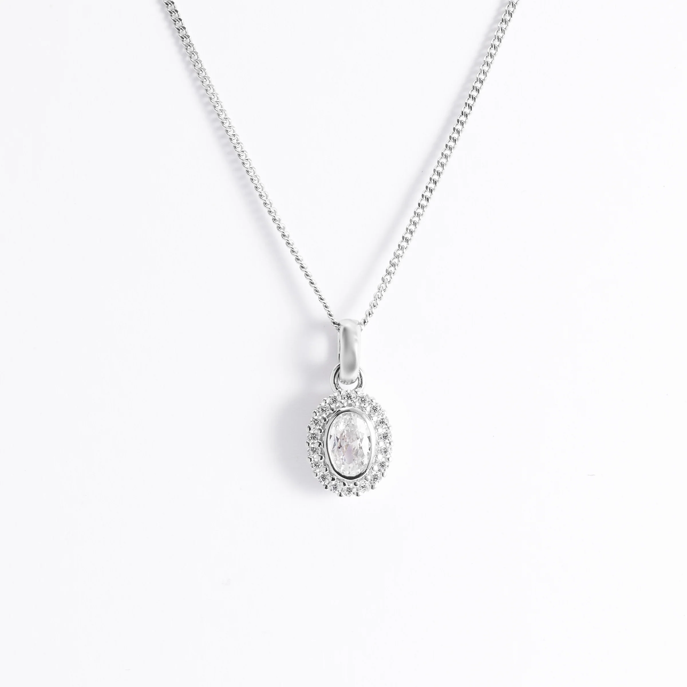 Sterling Silver Bezel Oval Zirconia Halo Pendant