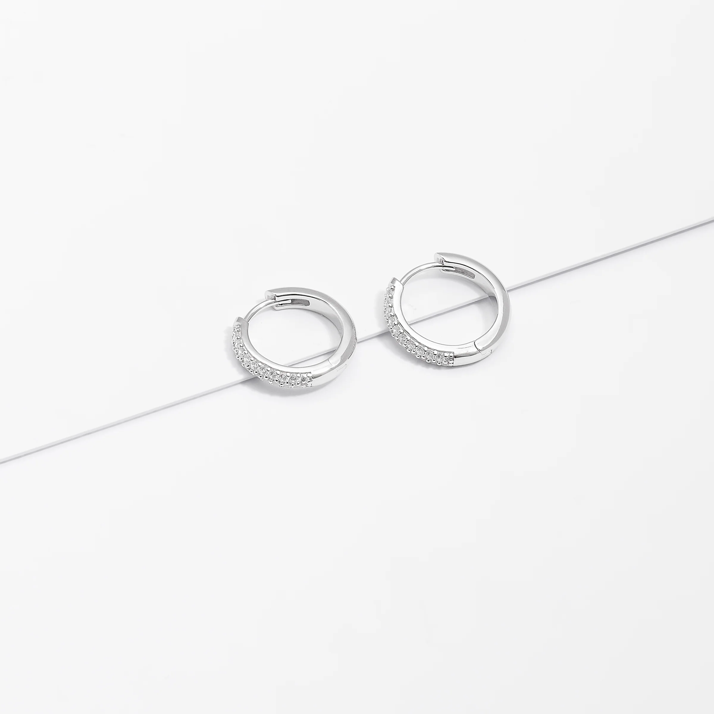 Sterling Silver Double Row Pave Zirconia Huggie Earrings