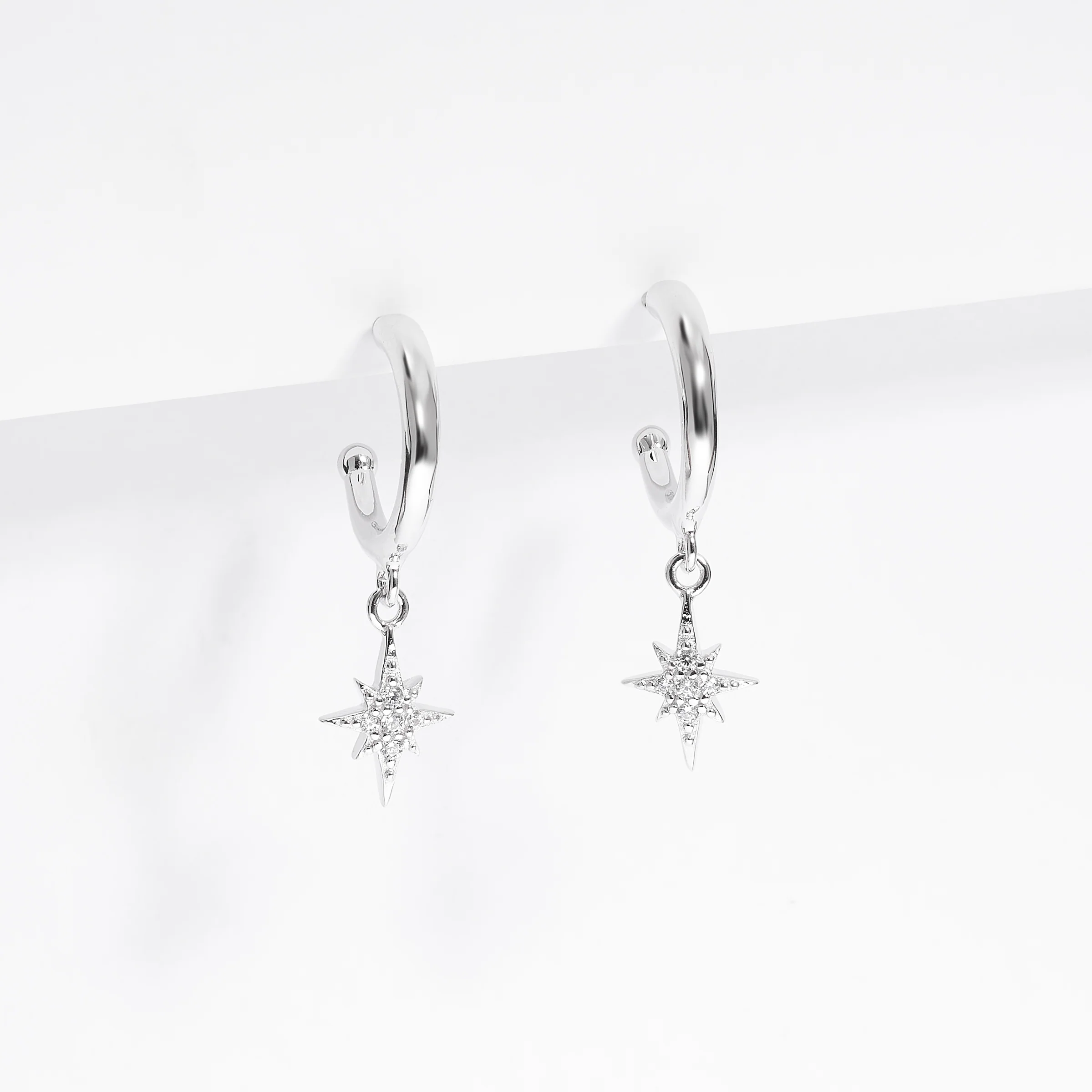 Sterling Silver Half Hoop Earrings With Zirconia Star Drop - Image 2