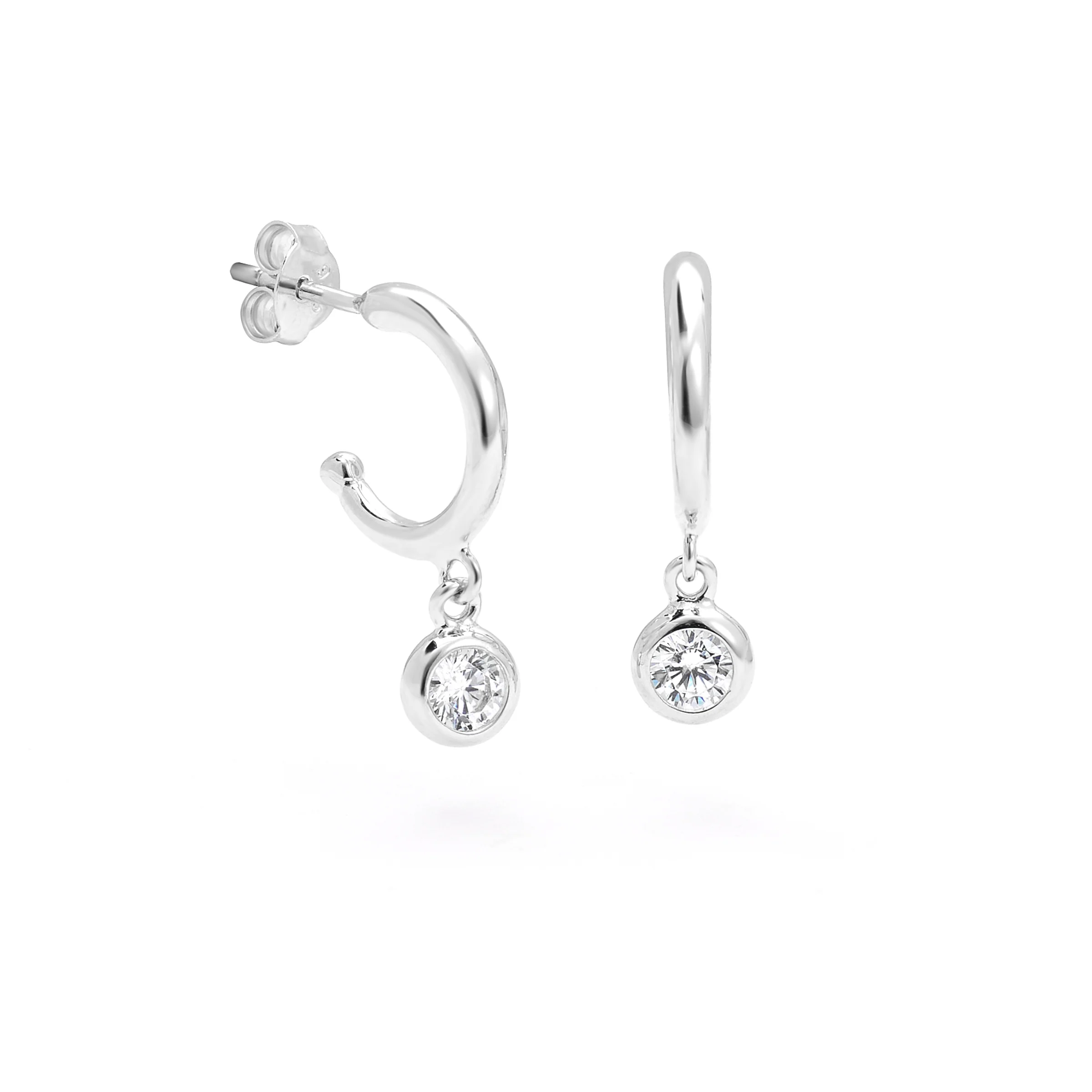 Sterling Silver Hoop Stud Post Earrings With Zirconia Bezel Drop 13mm - Image 2