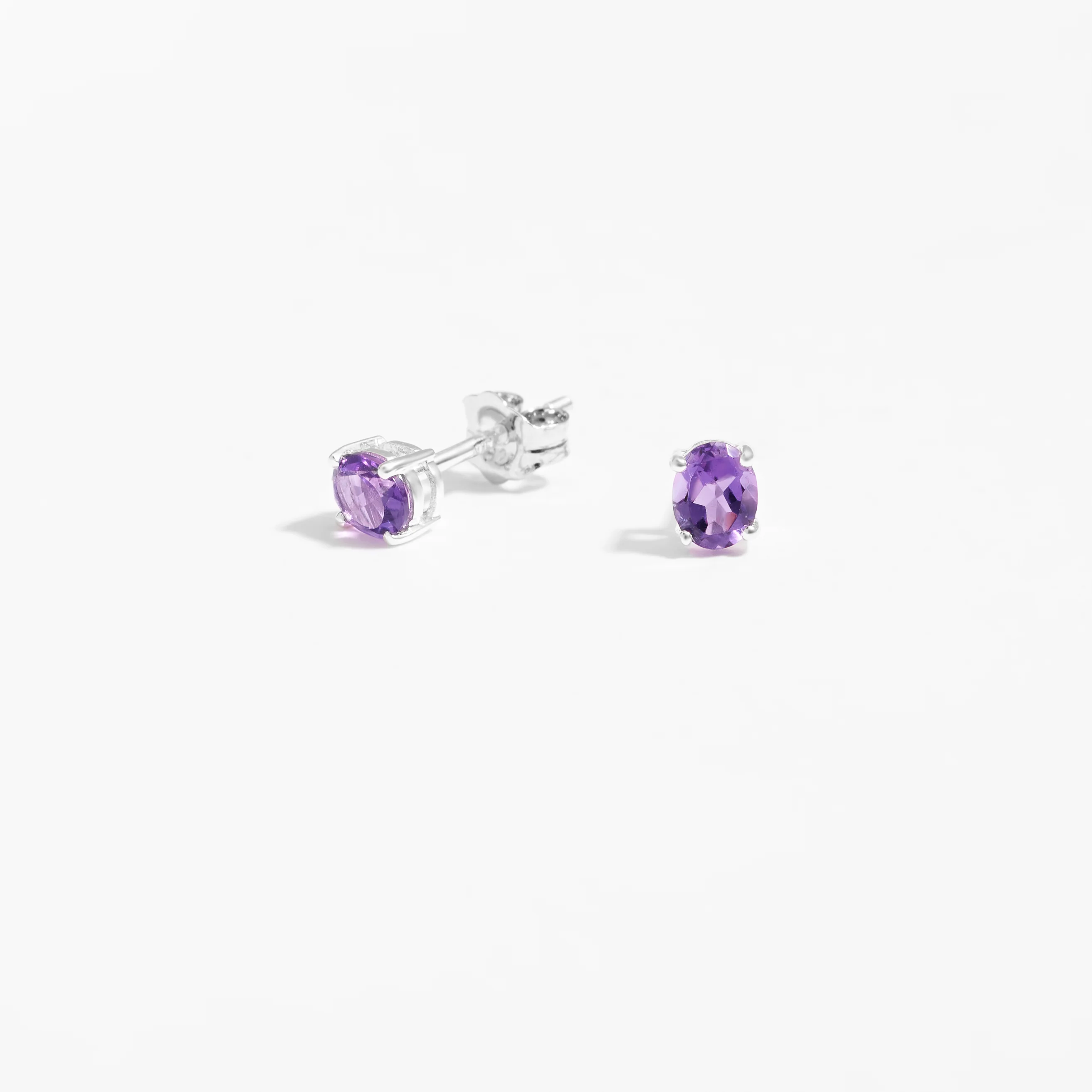 Sterling Silver Oval Amethyst February Birthstone Stud Earrings - Image 2