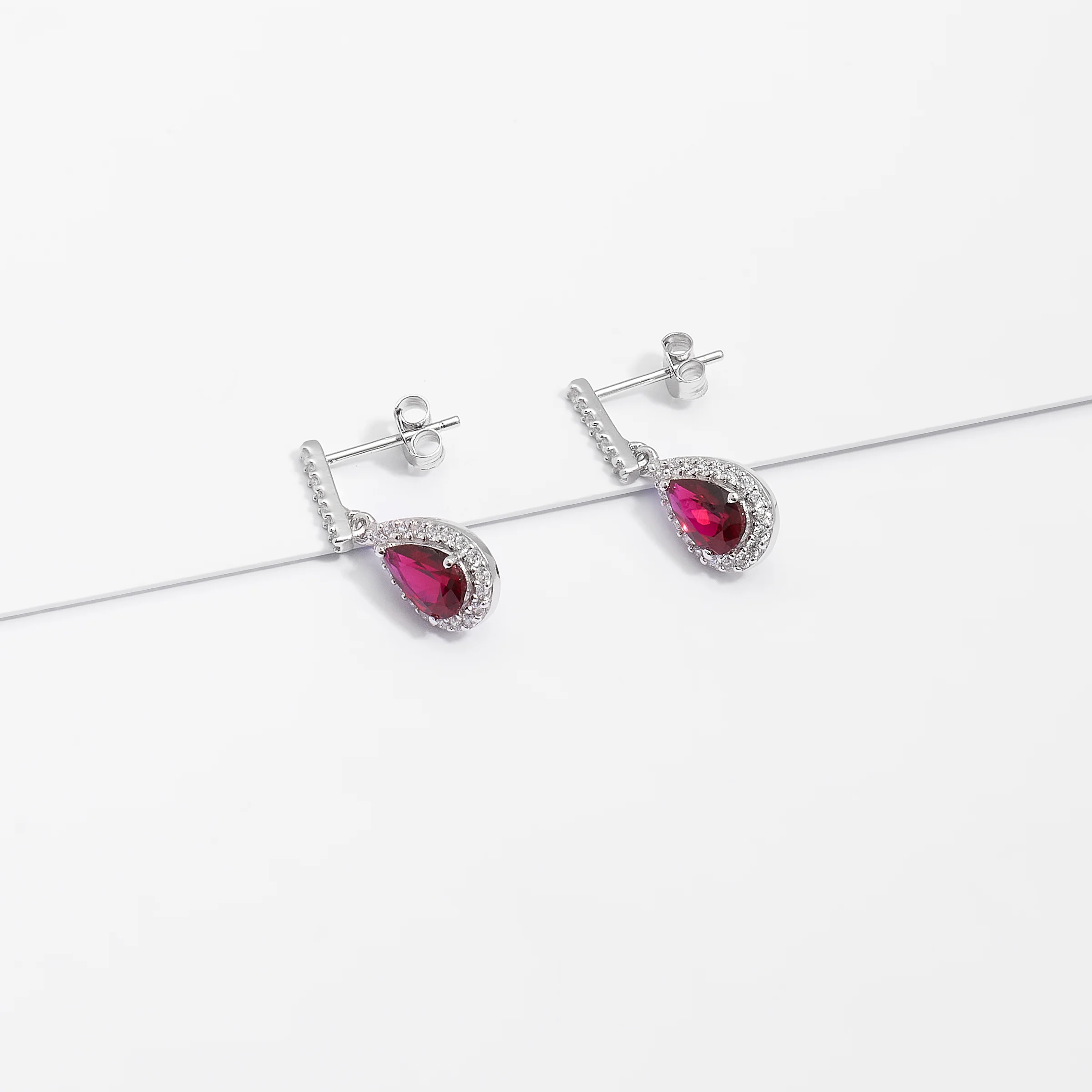 Sterling Silver Red Pear Zirconia Halo Earrings